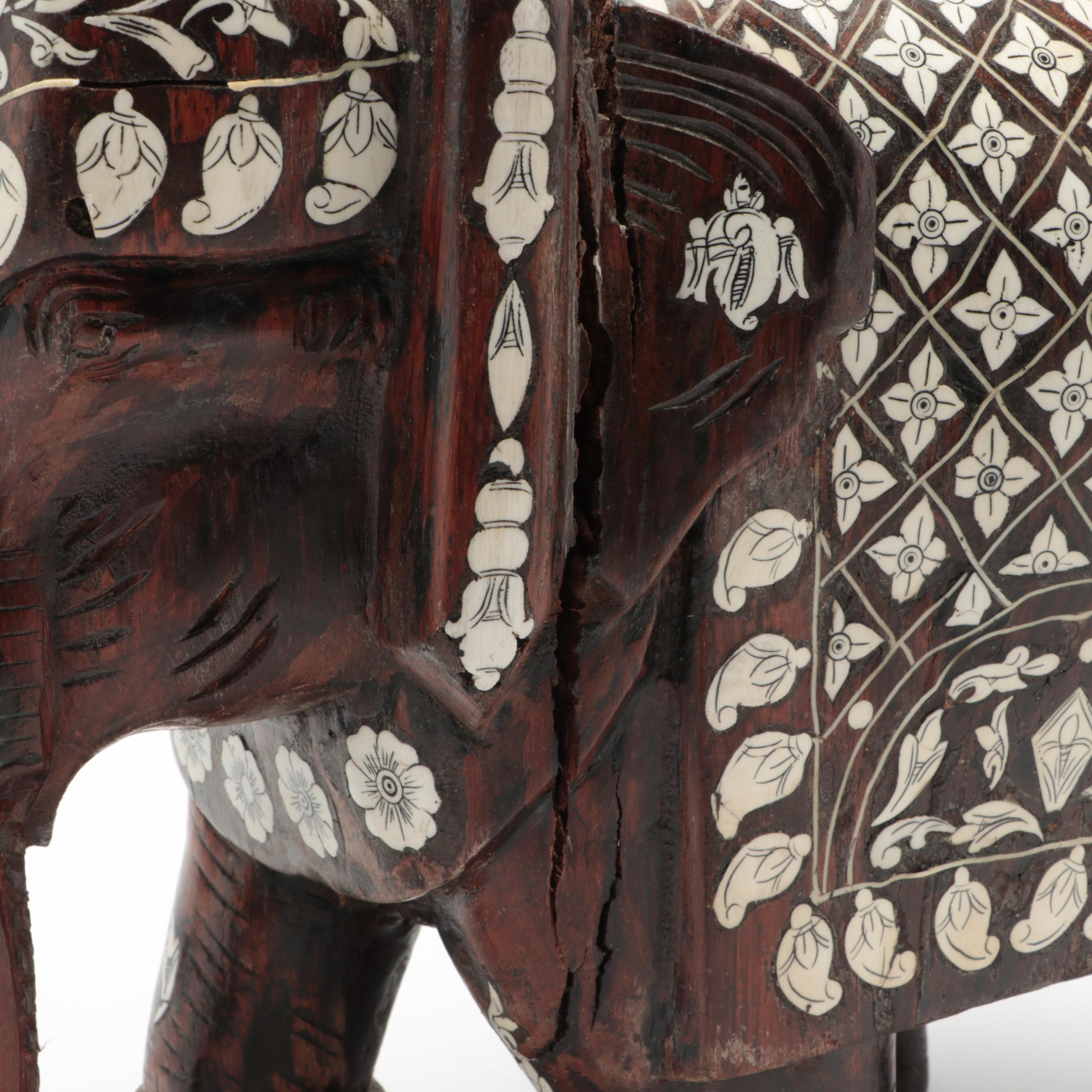 Indian Carved Wood Elephant with Inlaid Bone Ornamentation