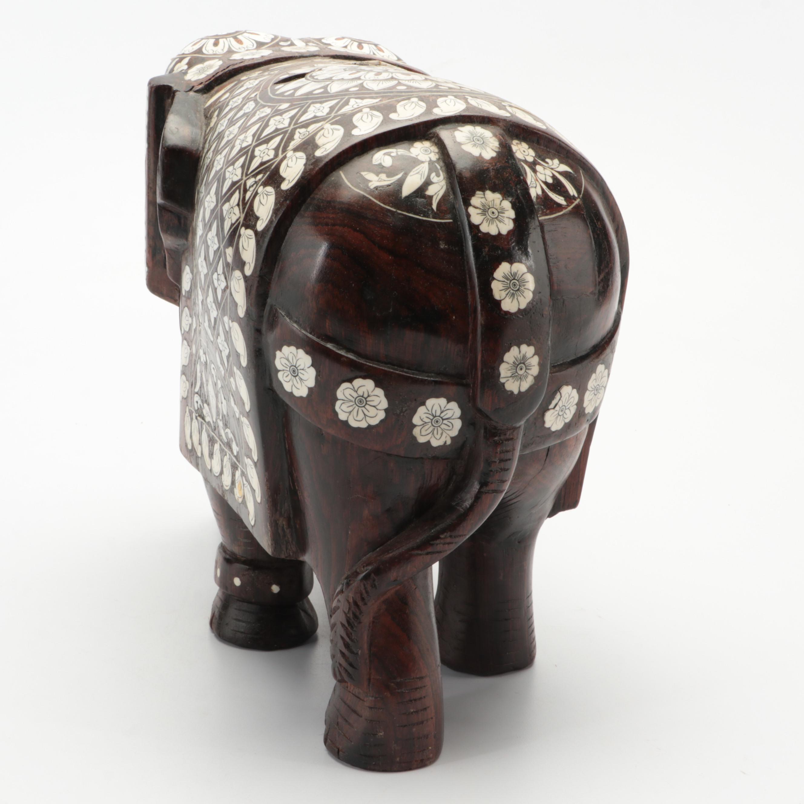 Indian Carved Wood Elephant with Inlaid Bone Ornamentation