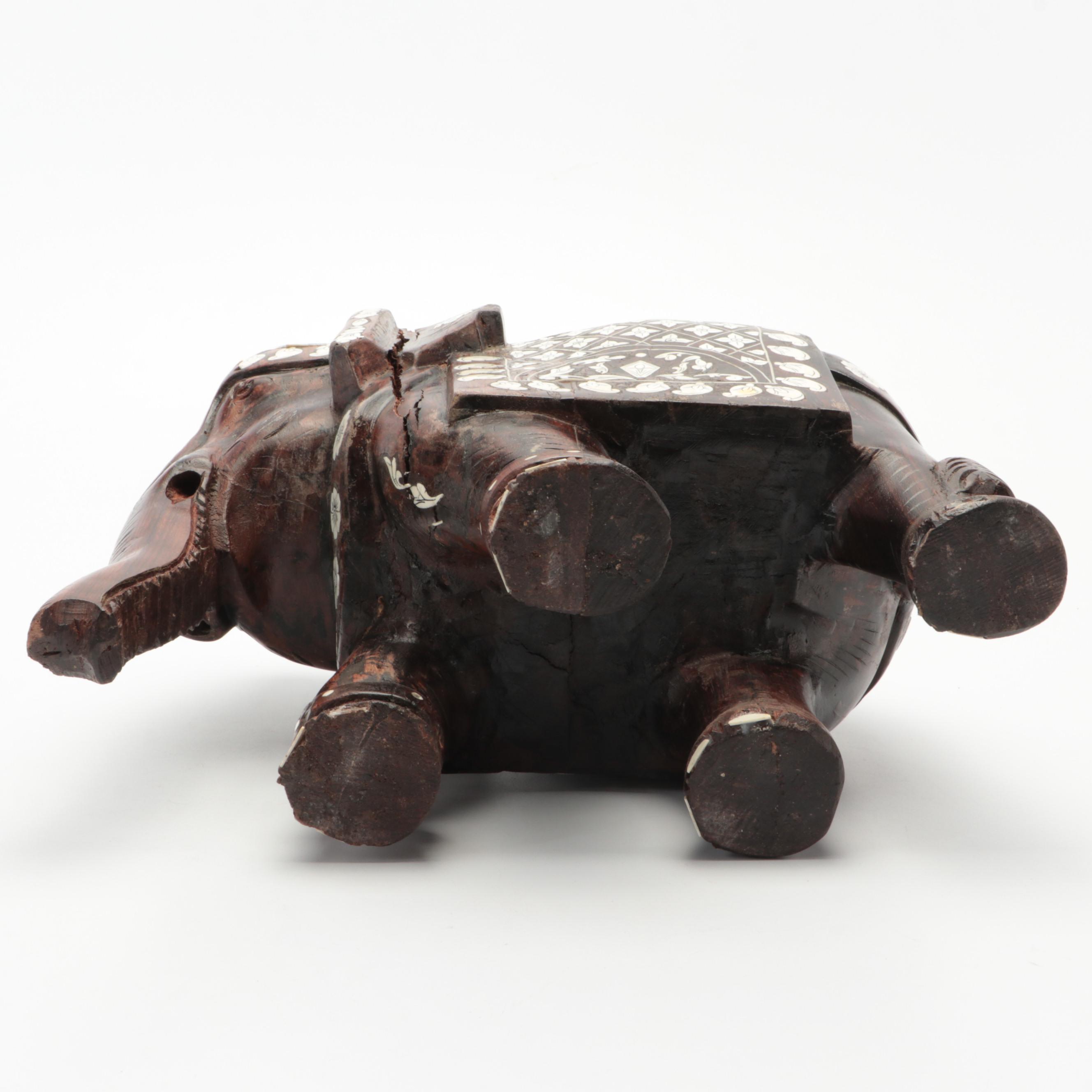 Indian Carved Wood Elephant with Inlaid Bone Ornamentation