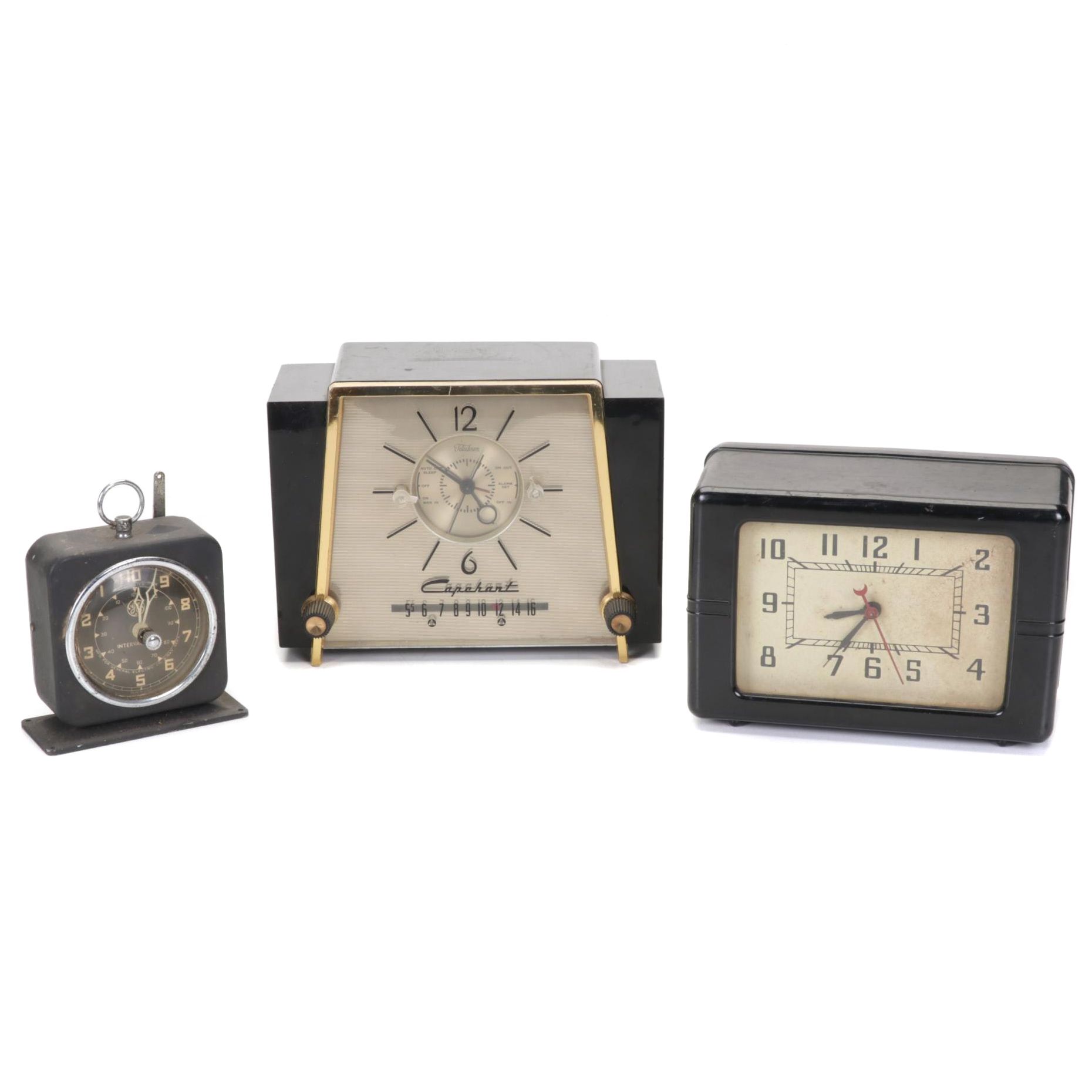 Art Deco Telechron Capehart Alarm Clock Radio With Lackner and GE Alarm Clocks