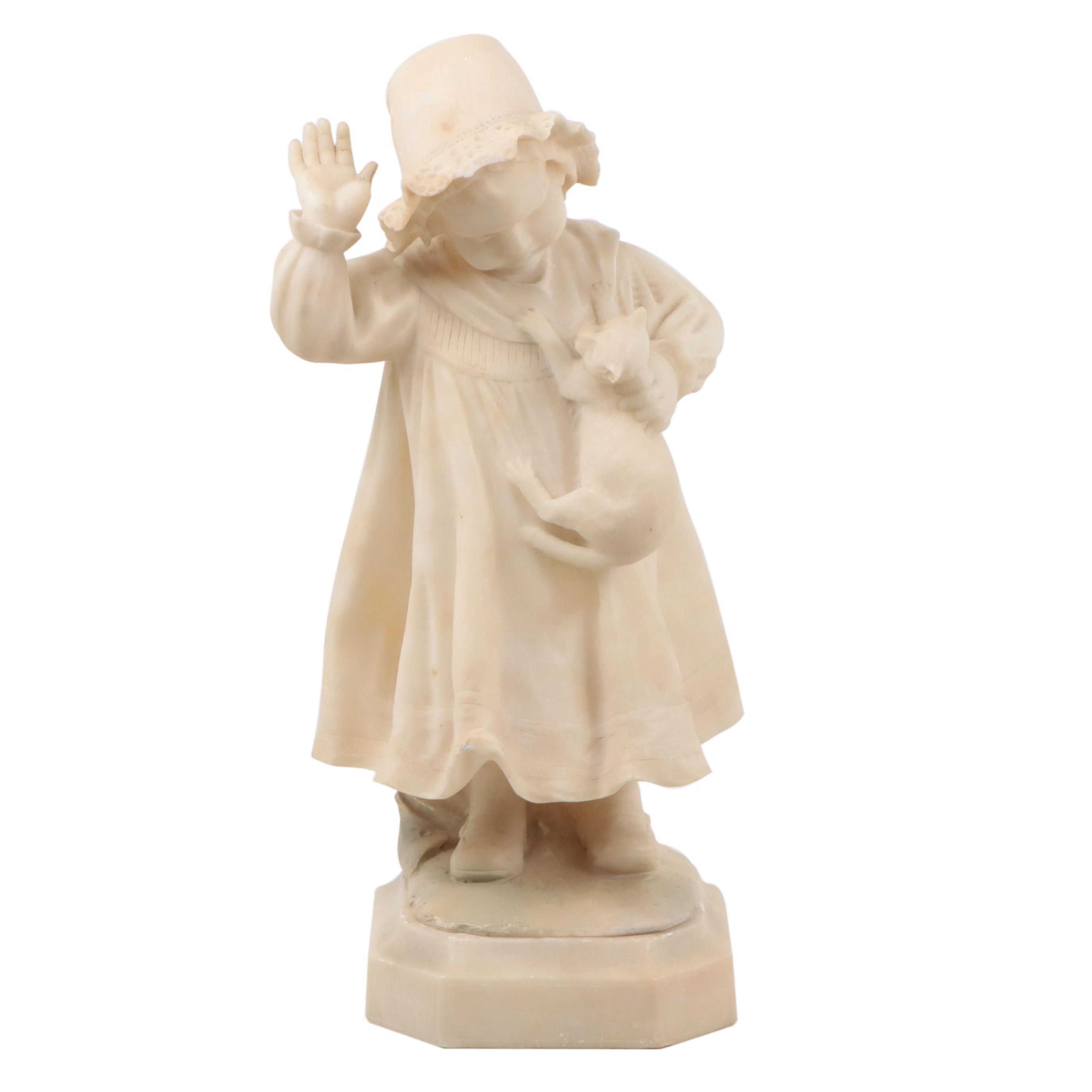 Adolfi Luchini Carved Alabaster Sculpture of a Child and Cat