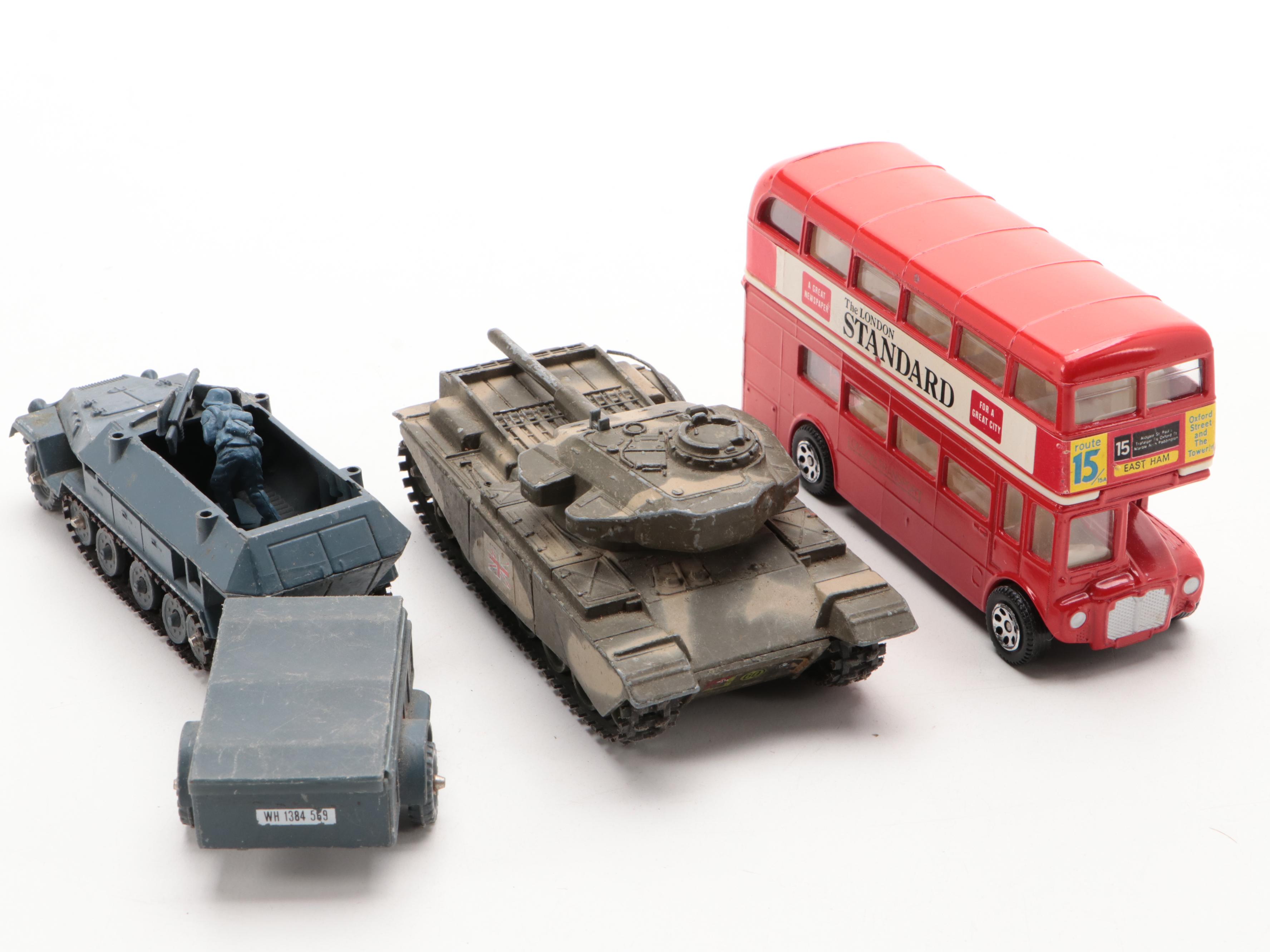 Corgi Metal Diecast Tanks and Double-Decker Bus with Other Metal Toys