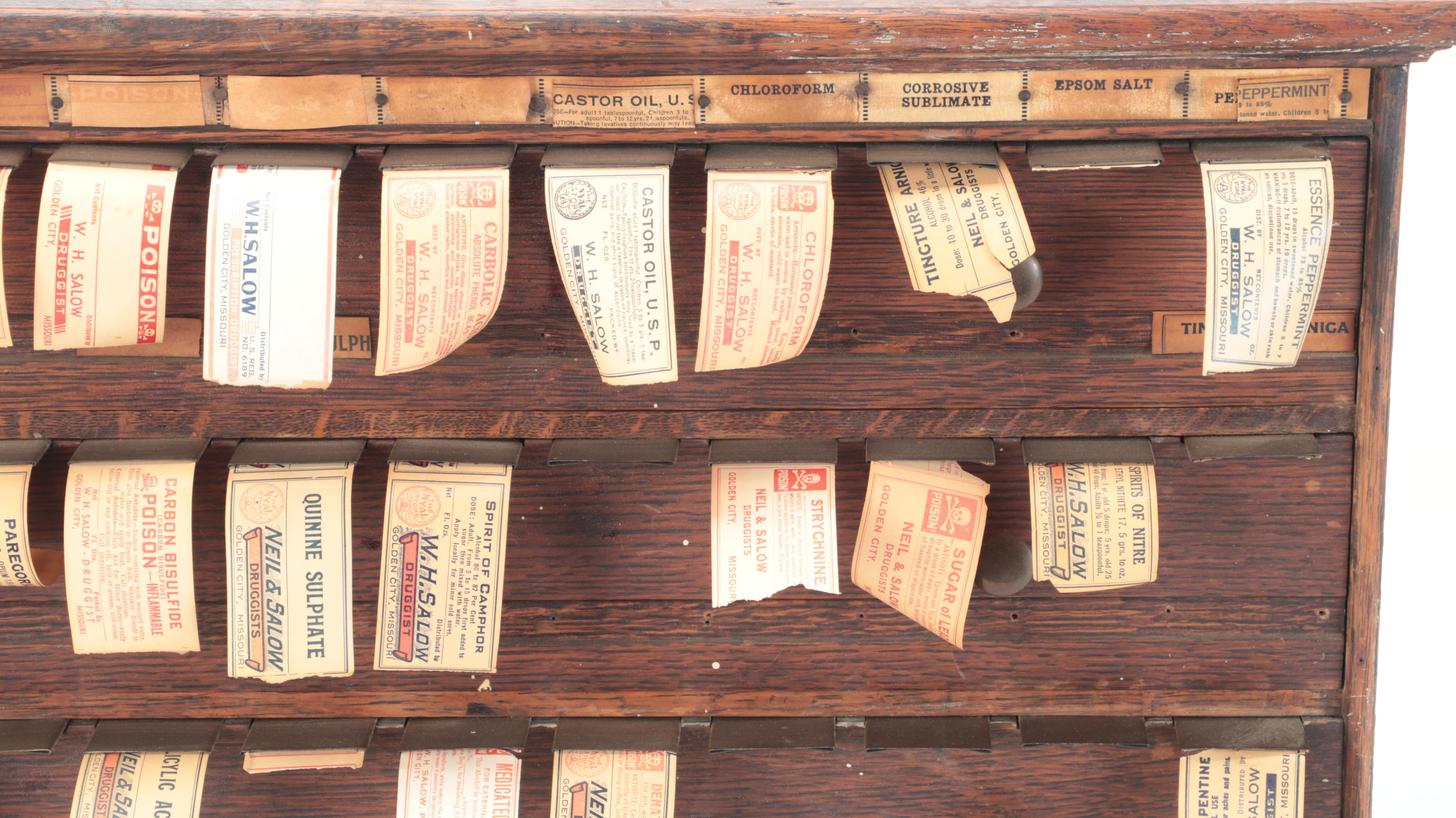 McCourt Oak Label Dispenser with Apothecary Labels, Early 20th Century