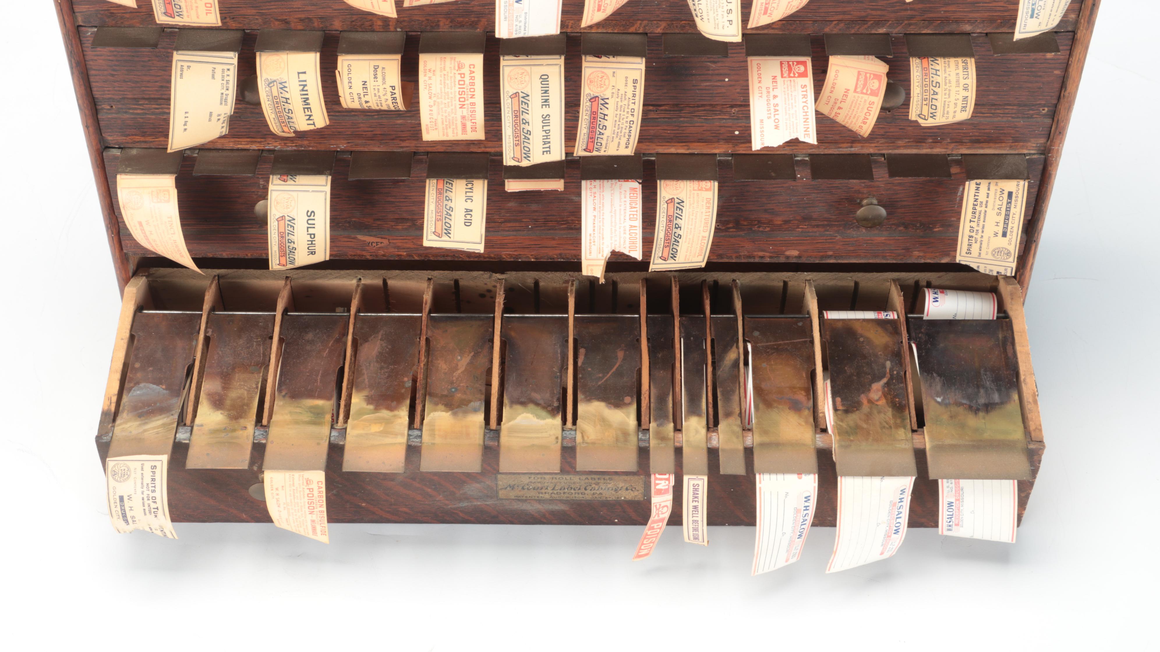 McCourt Oak Label Dispenser with Apothecary Labels, Early 20th Century