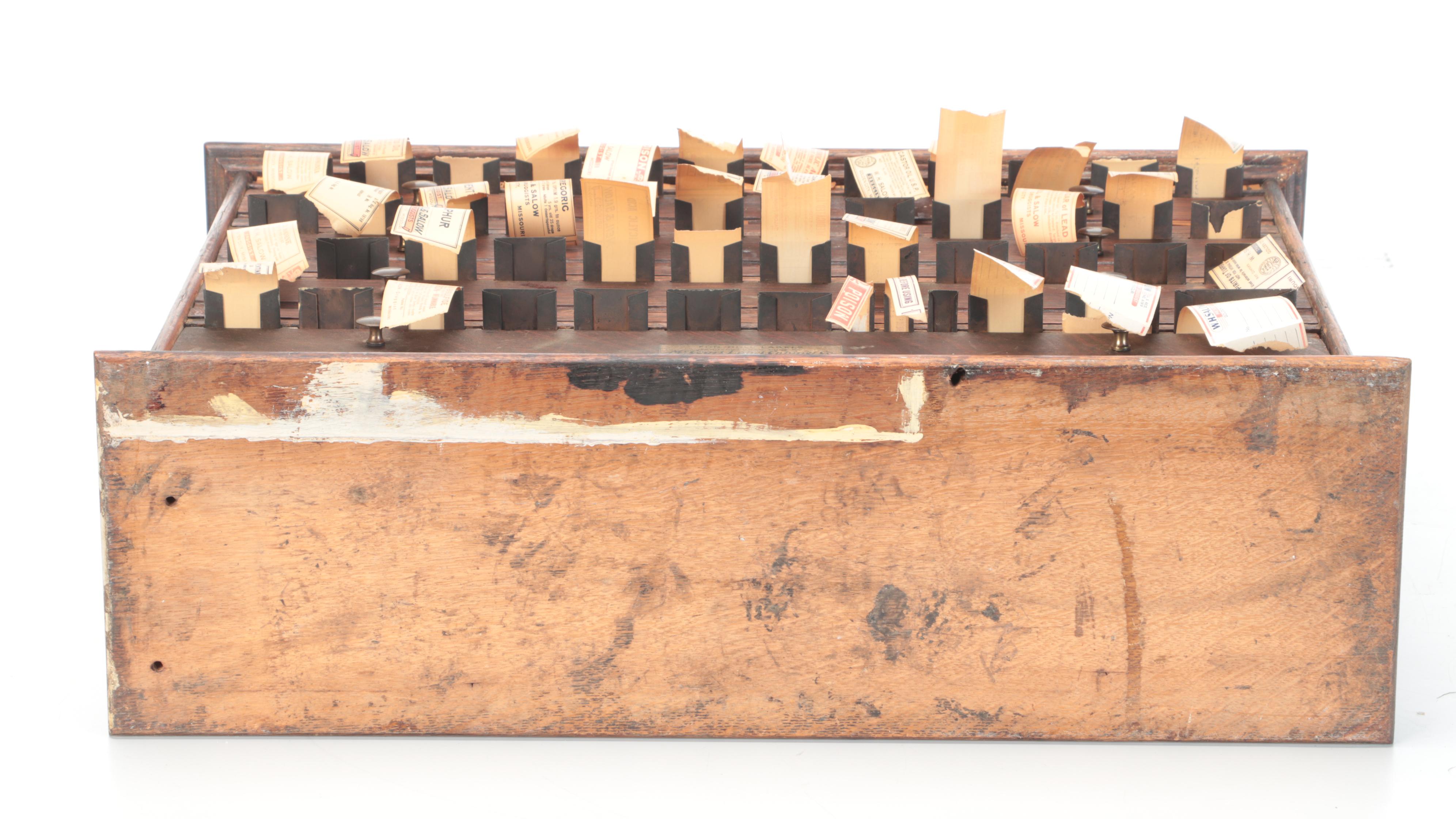 McCourt Oak Label Dispenser with Apothecary Labels, Early 20th Century