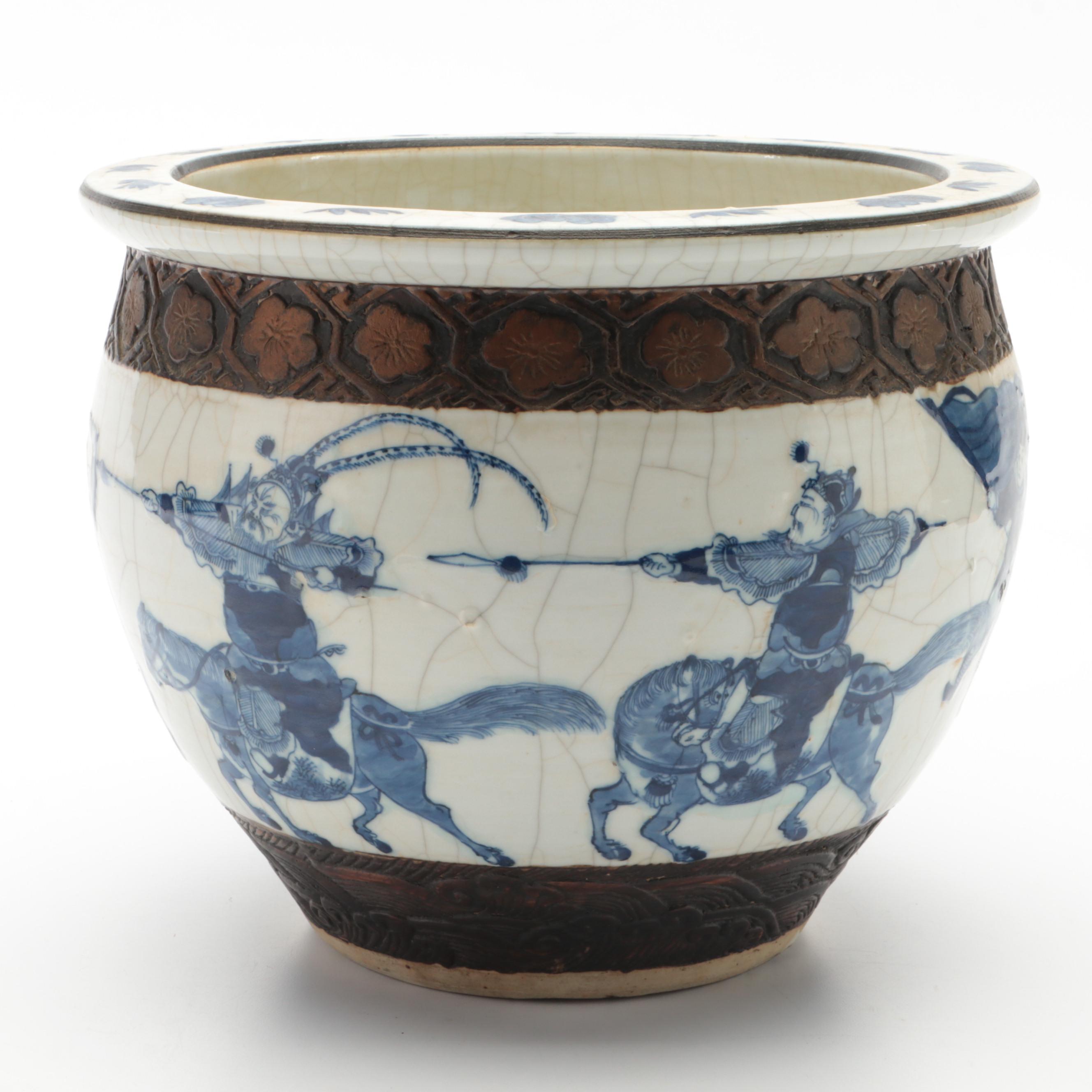 Chinese Battle Scene Blue on White Fishbowl Planter