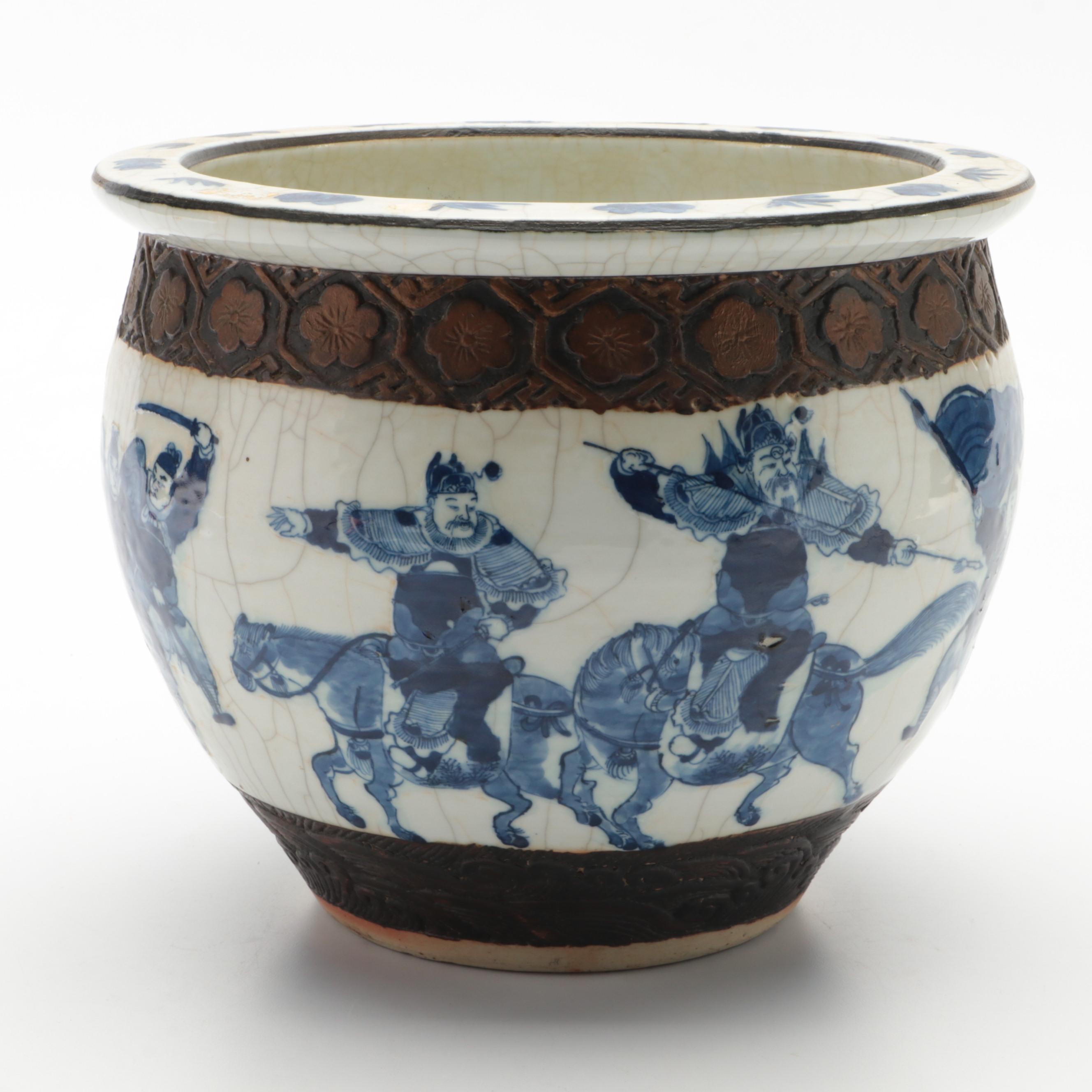 Chinese Battle Scene Blue on White Fishbowl Planter
