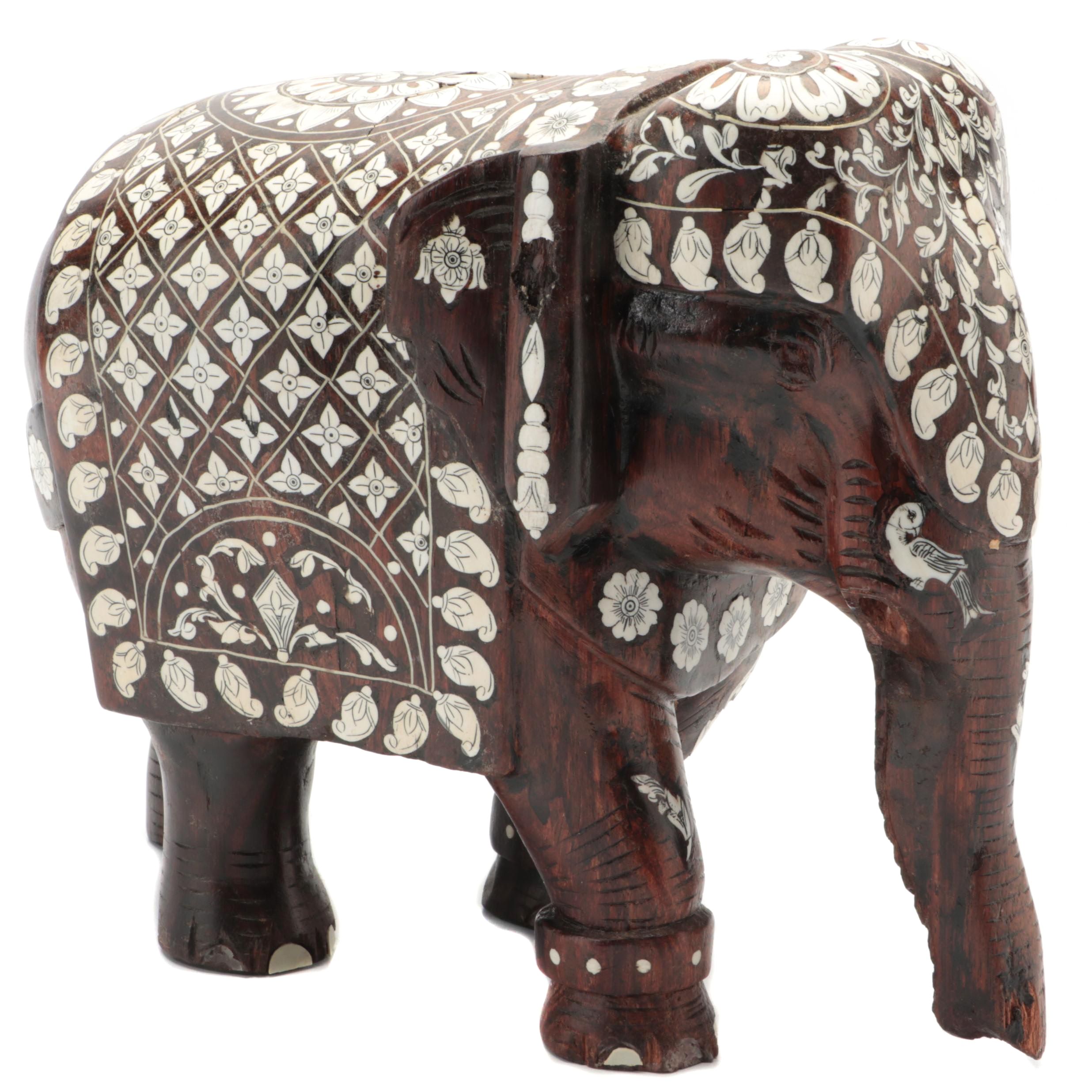 Indian Carved Wood Elephant with Inlaid Bone Ornamentation