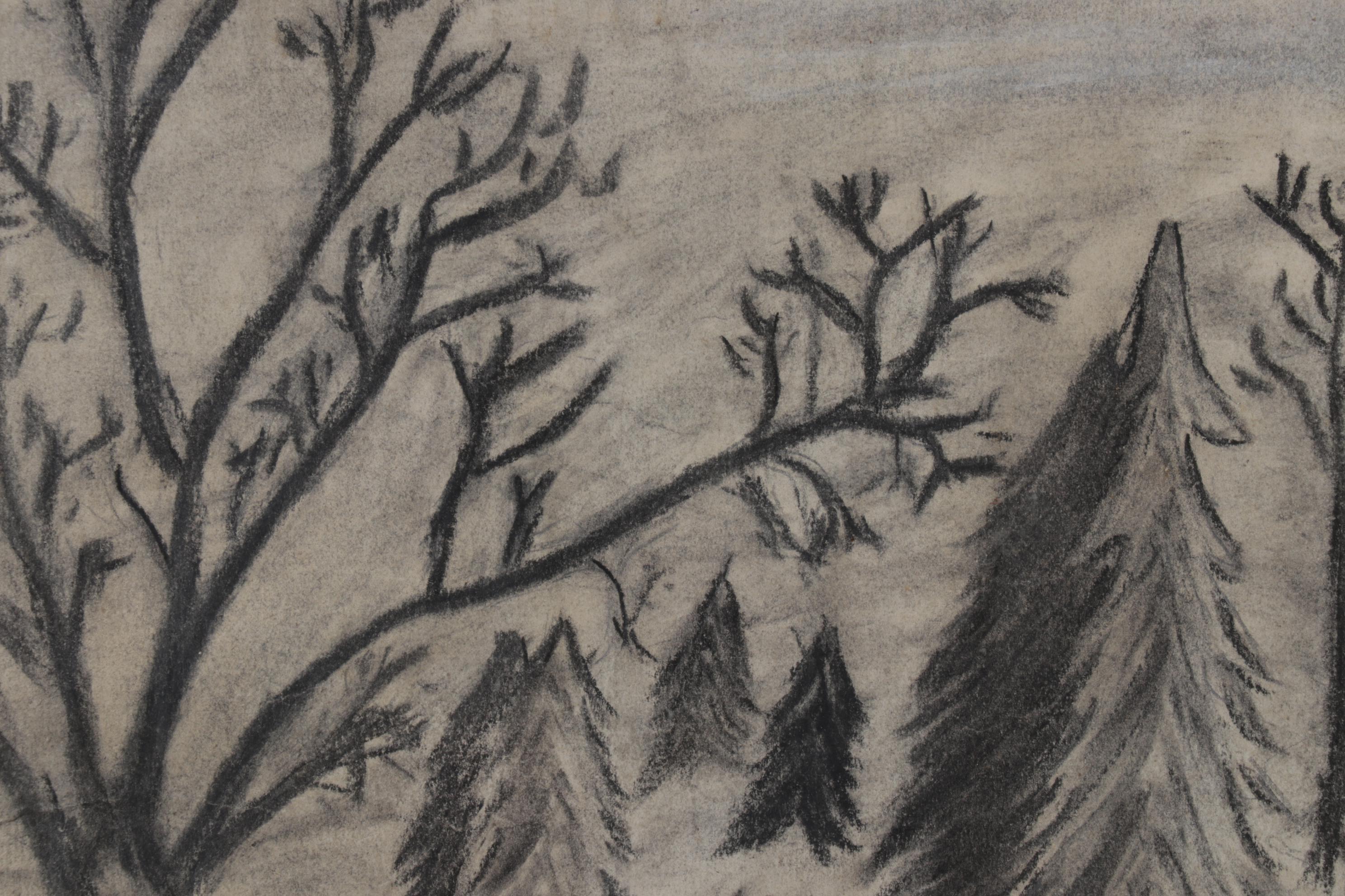 Dwayne Connor Landscape Charcoal Drawing of Log Cabin, Circa 1965