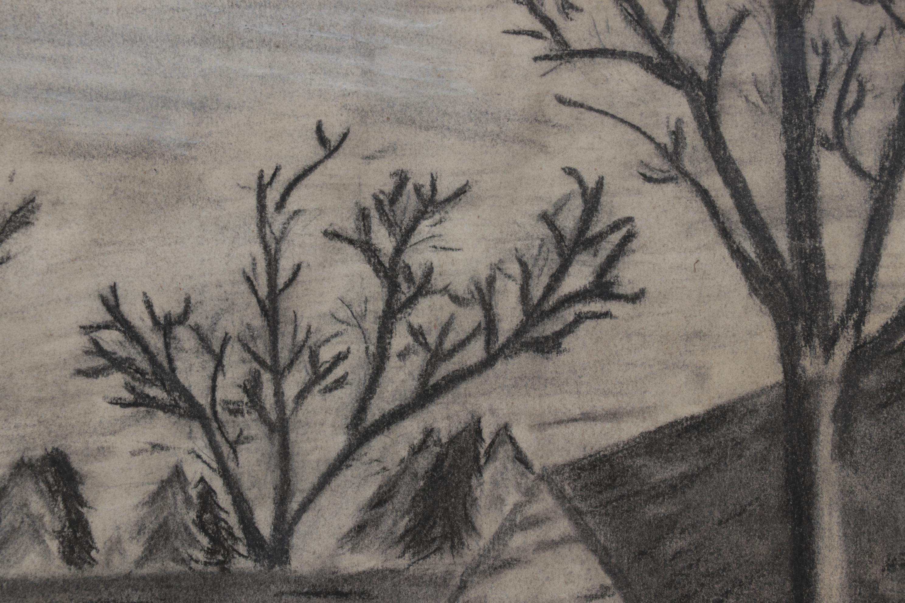 Dwayne Connor Landscape Charcoal Drawing of Log Cabin, Circa 1965