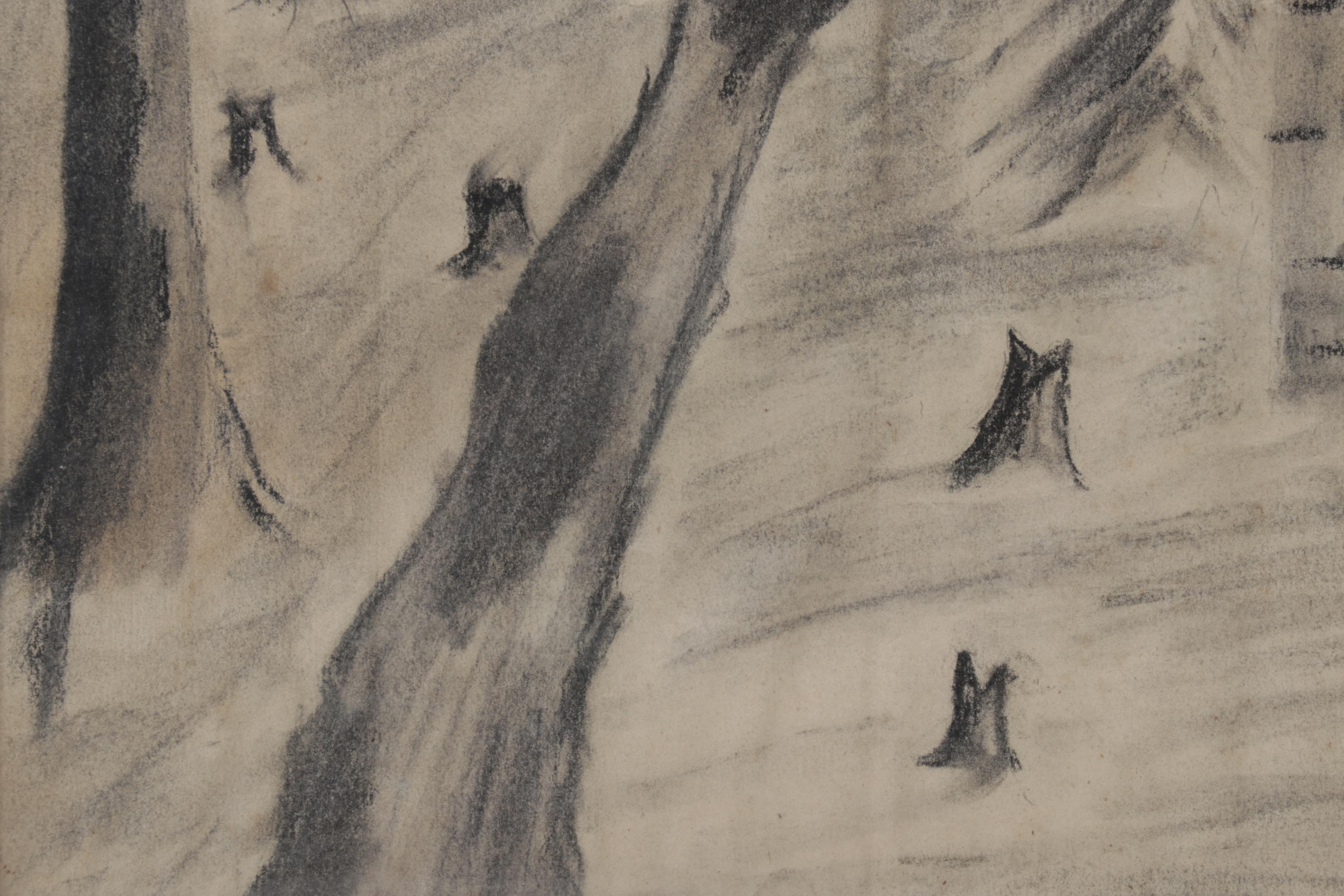 Dwayne Connor Landscape Charcoal Drawing of Log Cabin, Circa 1965