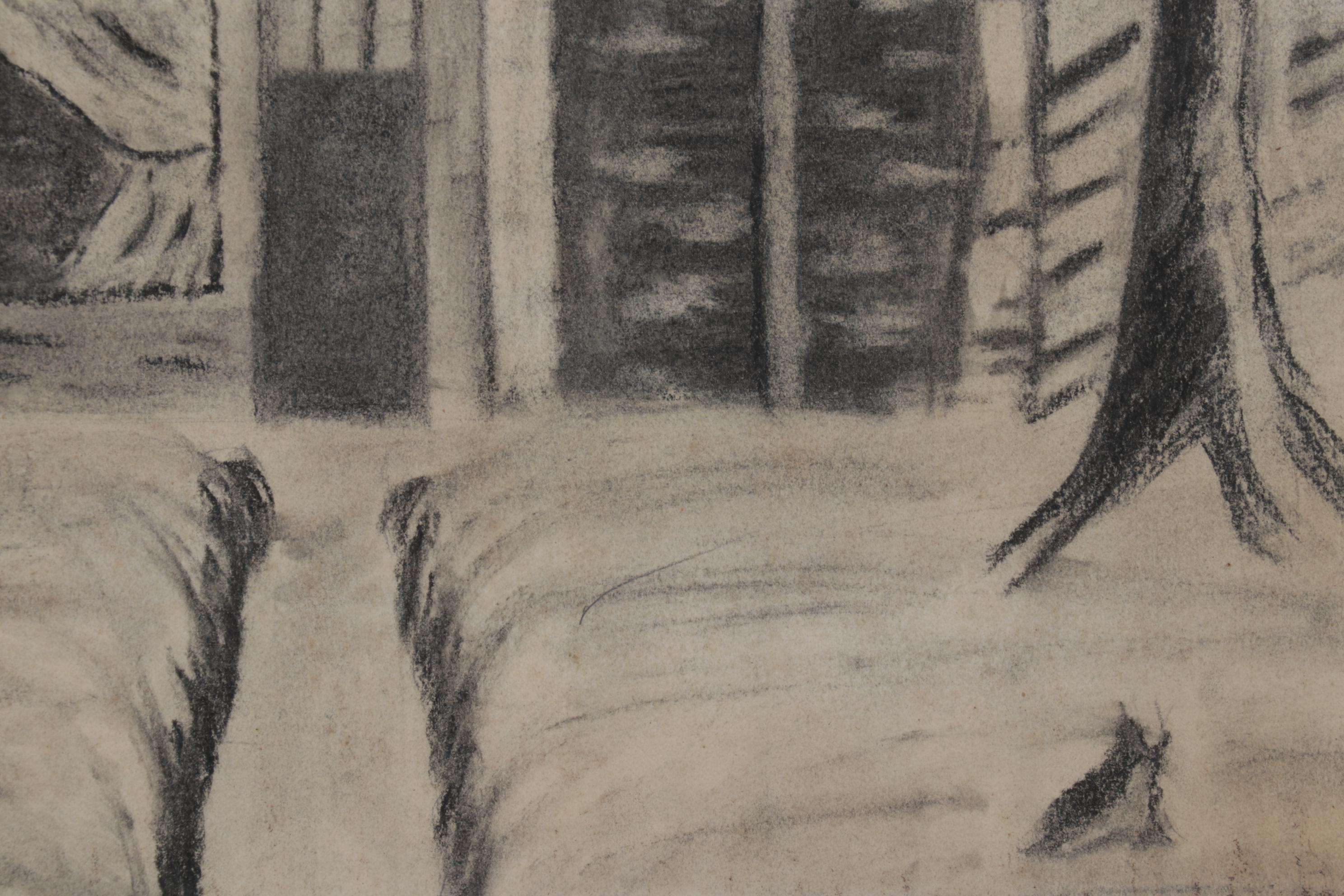 Dwayne Connor Landscape Charcoal Drawing of Log Cabin, Circa 1965