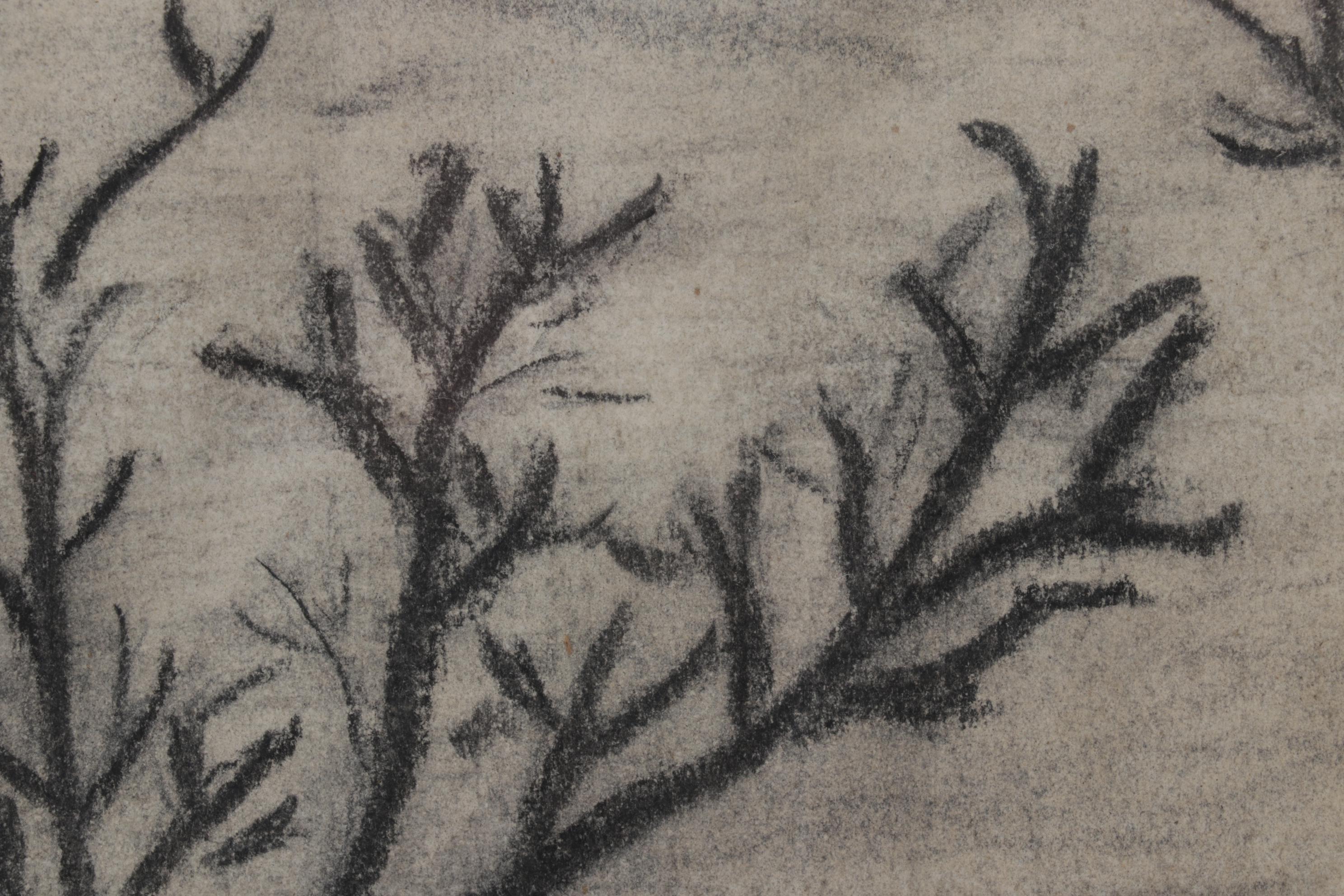 Dwayne Connor Landscape Charcoal Drawing of Log Cabin, Circa 1965