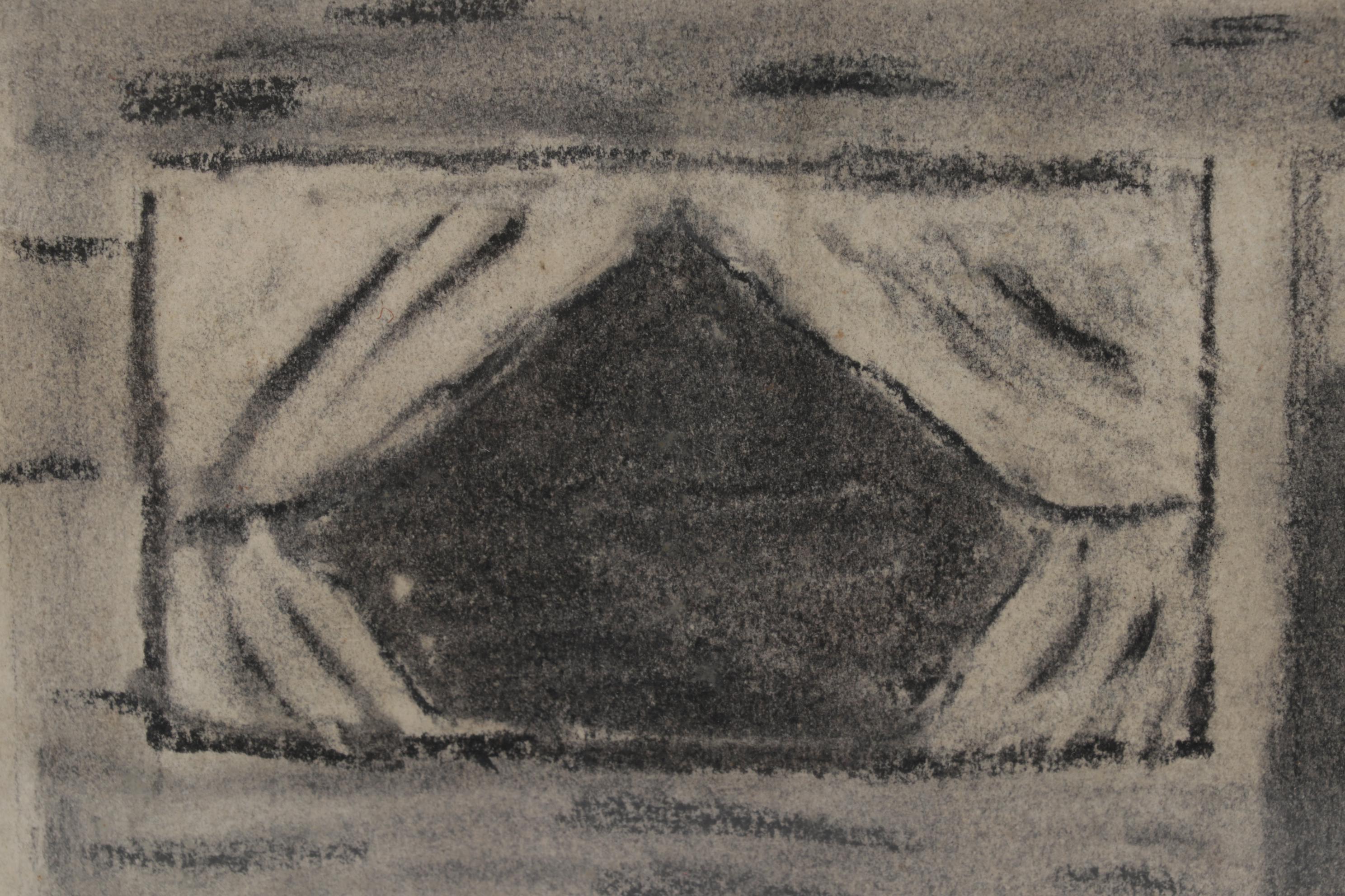 Dwayne Connor Landscape Charcoal Drawing of Log Cabin, Circa 1965