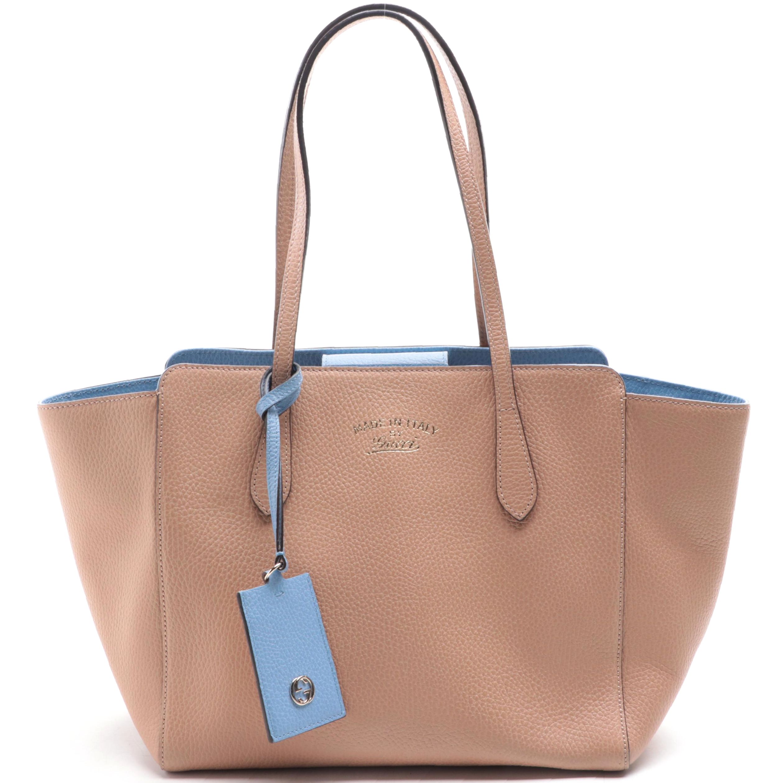Gucci Swing Tote in Camelia and Mineral Blue Grained Leather