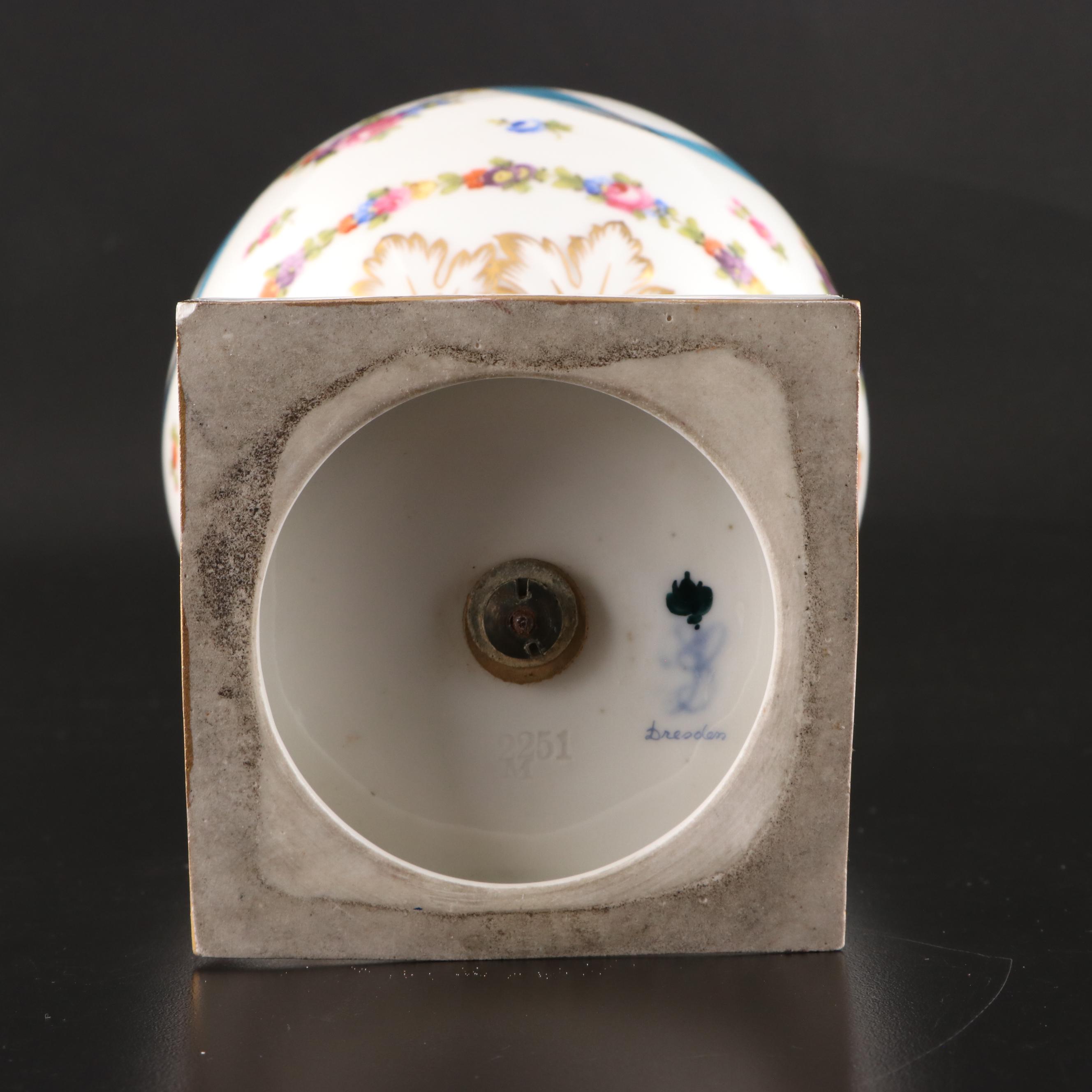 Dresden Rococo Style Hand-Painted Porcelain Bolted Covered Urn Vase