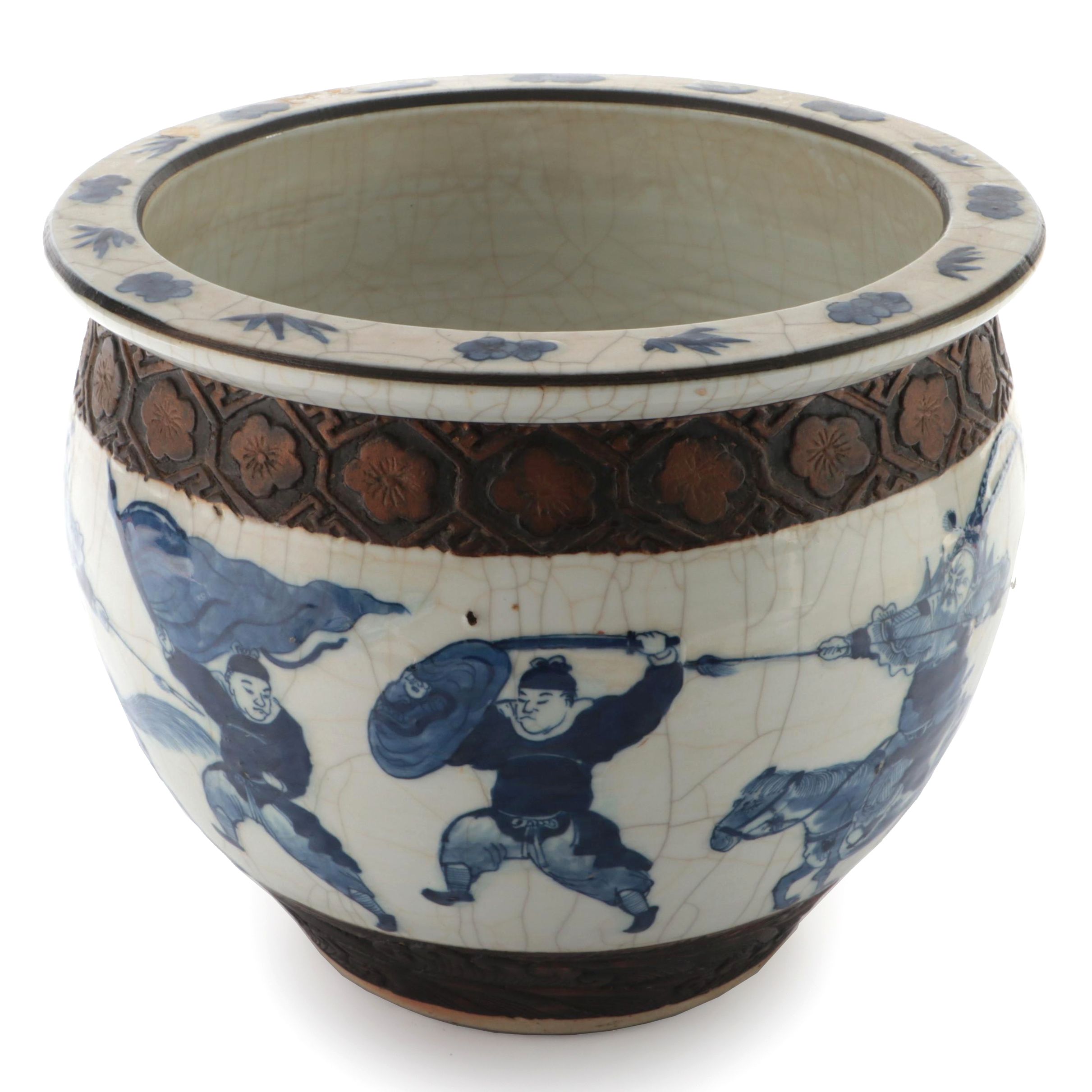 Chinese Battle Scene Blue on White Fishbowl Planter