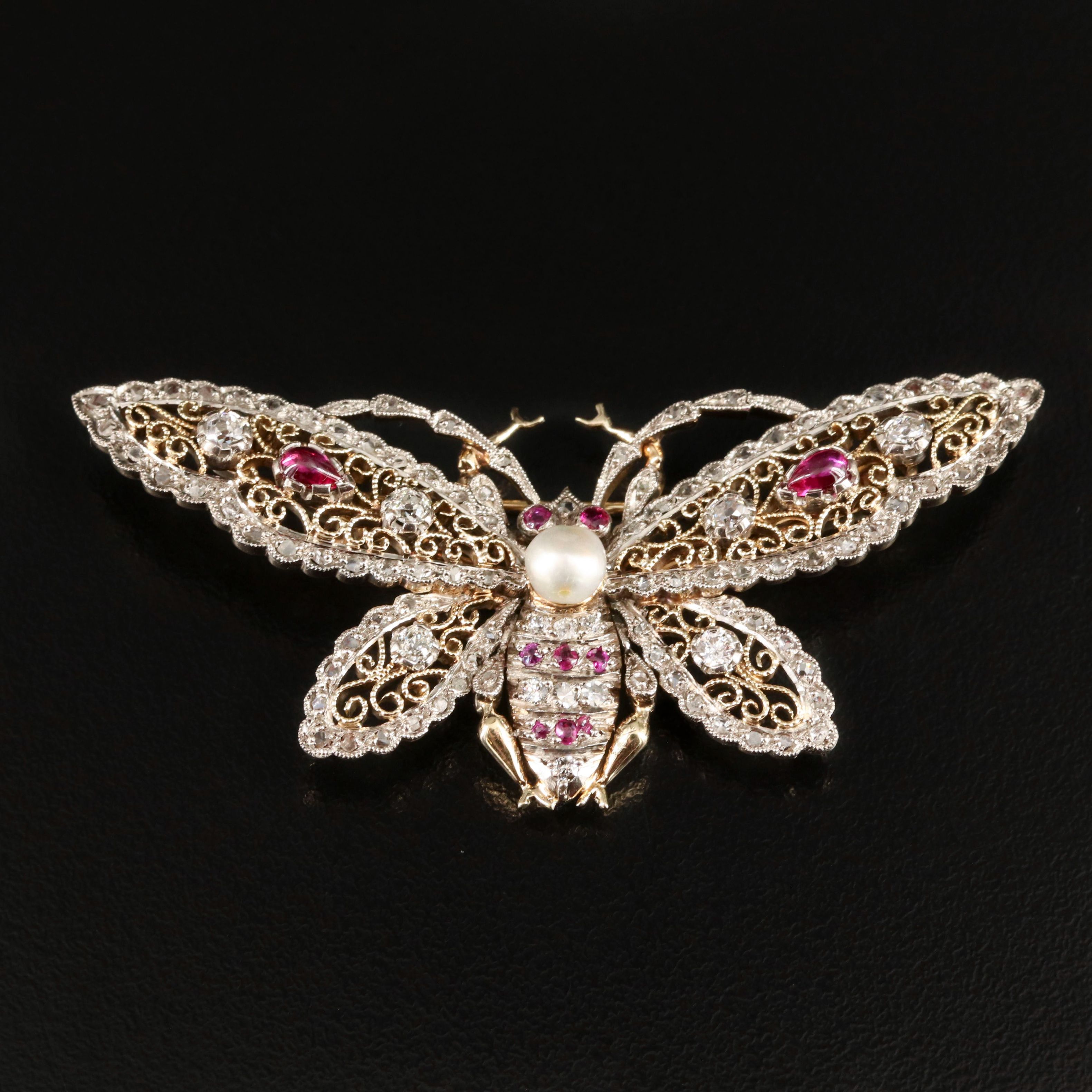 14K Diamond, Ruby and Pearl Butterfly Pin with Filigree Wings and Palladium