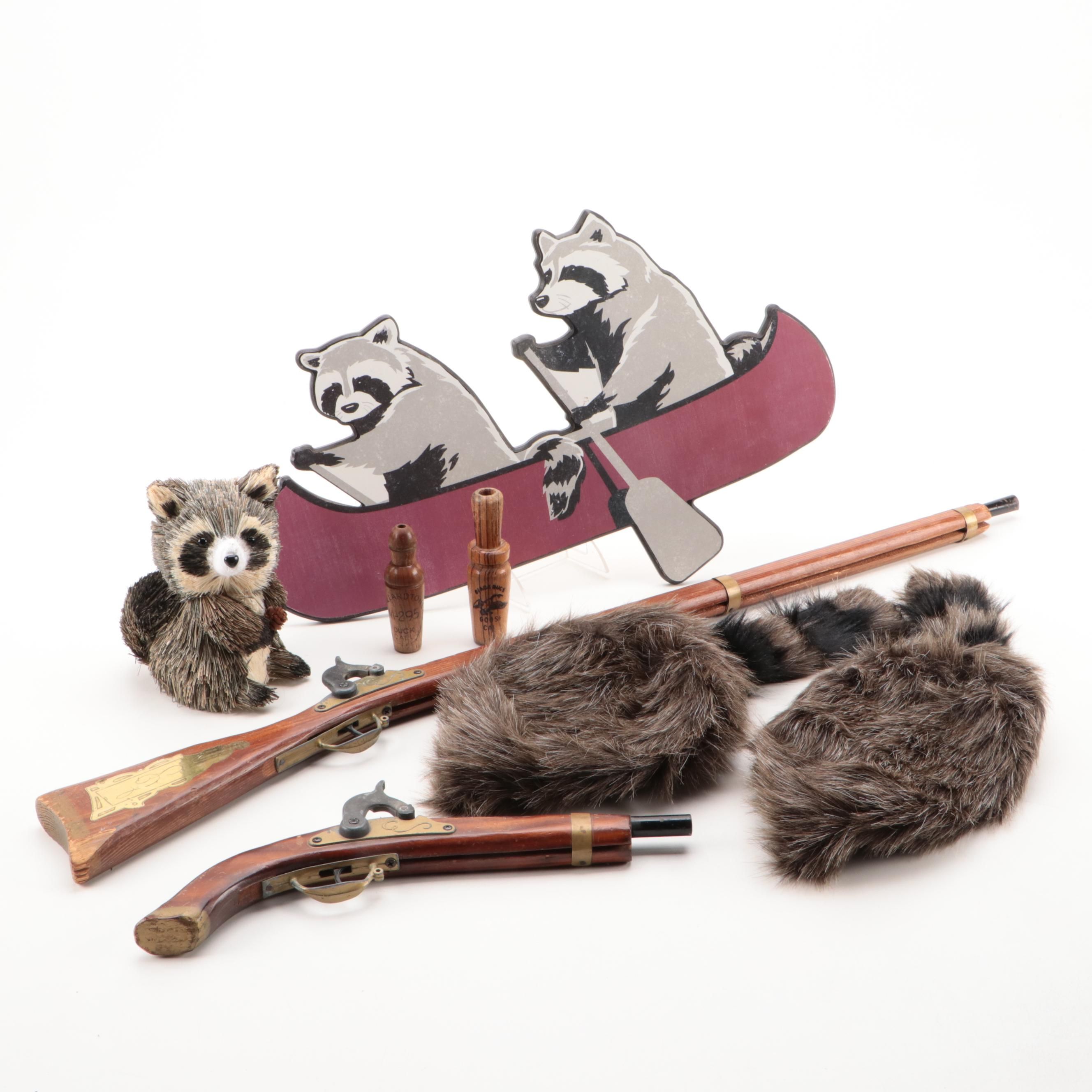 Parris Toy Cap Guns with Duck Calls, Coonskin Hats and Raccoon Décor