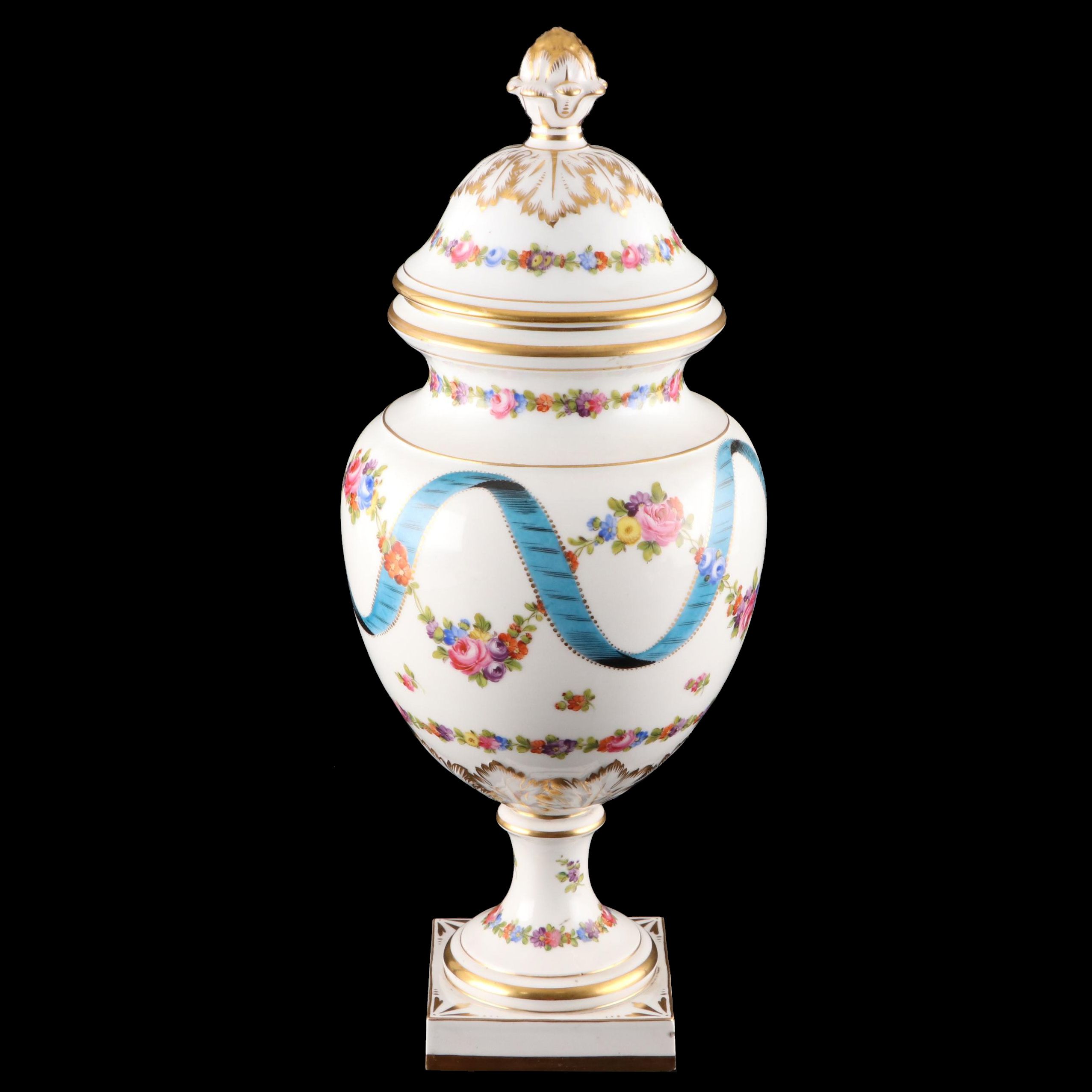 Dresden Rococo Style Hand-Painted Porcelain Bolted Covered Urn Vase