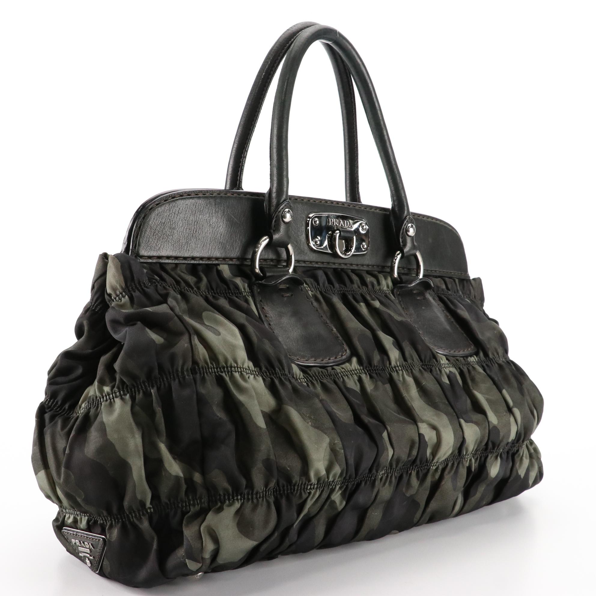 Prada Camo Ruched Nylon Tessuto and Leather Handbag