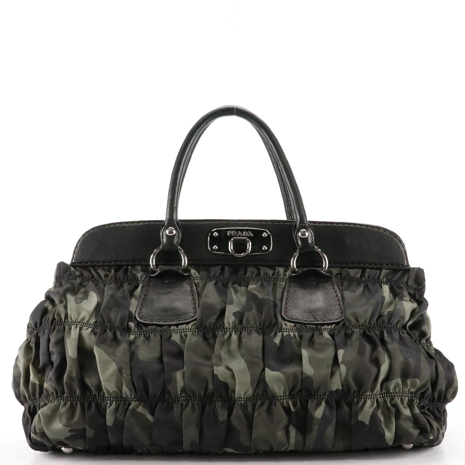 Prada Camo Ruched Nylon Tessuto and Leather Handbag