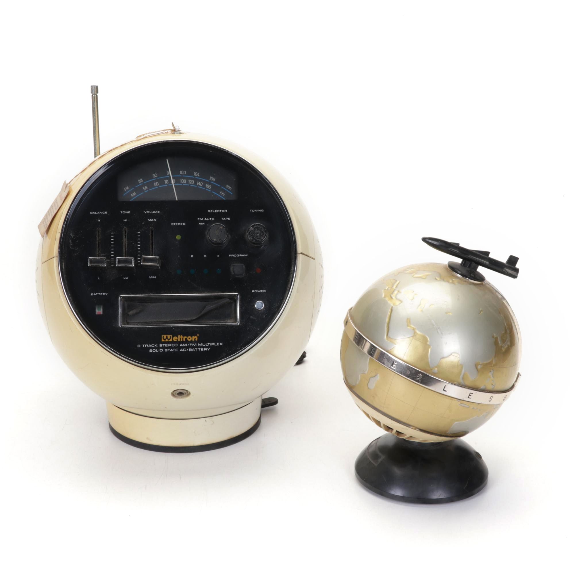Weltron Globe Shaped Radio and 8-Track Tape Player and Peerless Transistor Radio