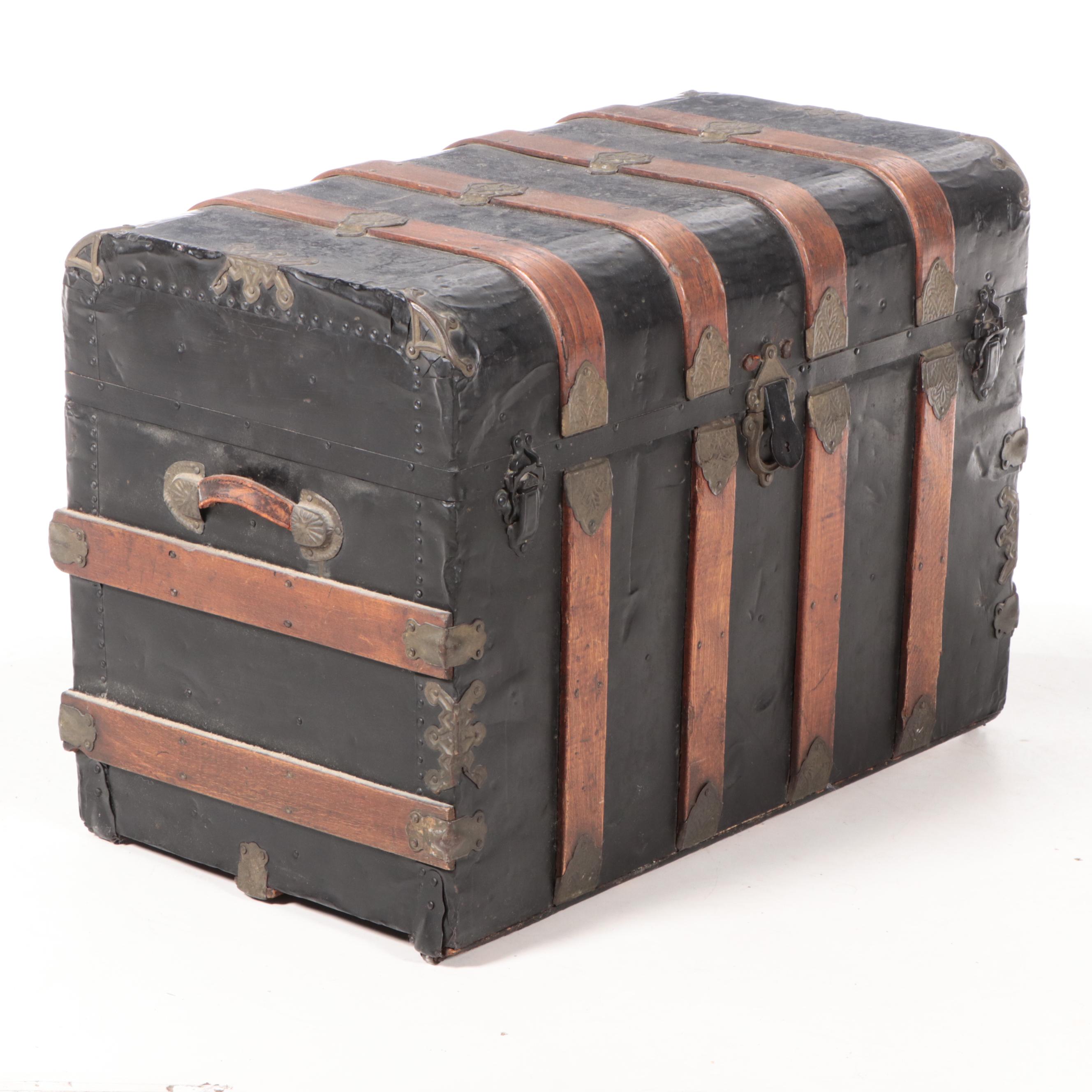 Late Victorian Metal-Clad and Slatted Wood Steamer Trunk