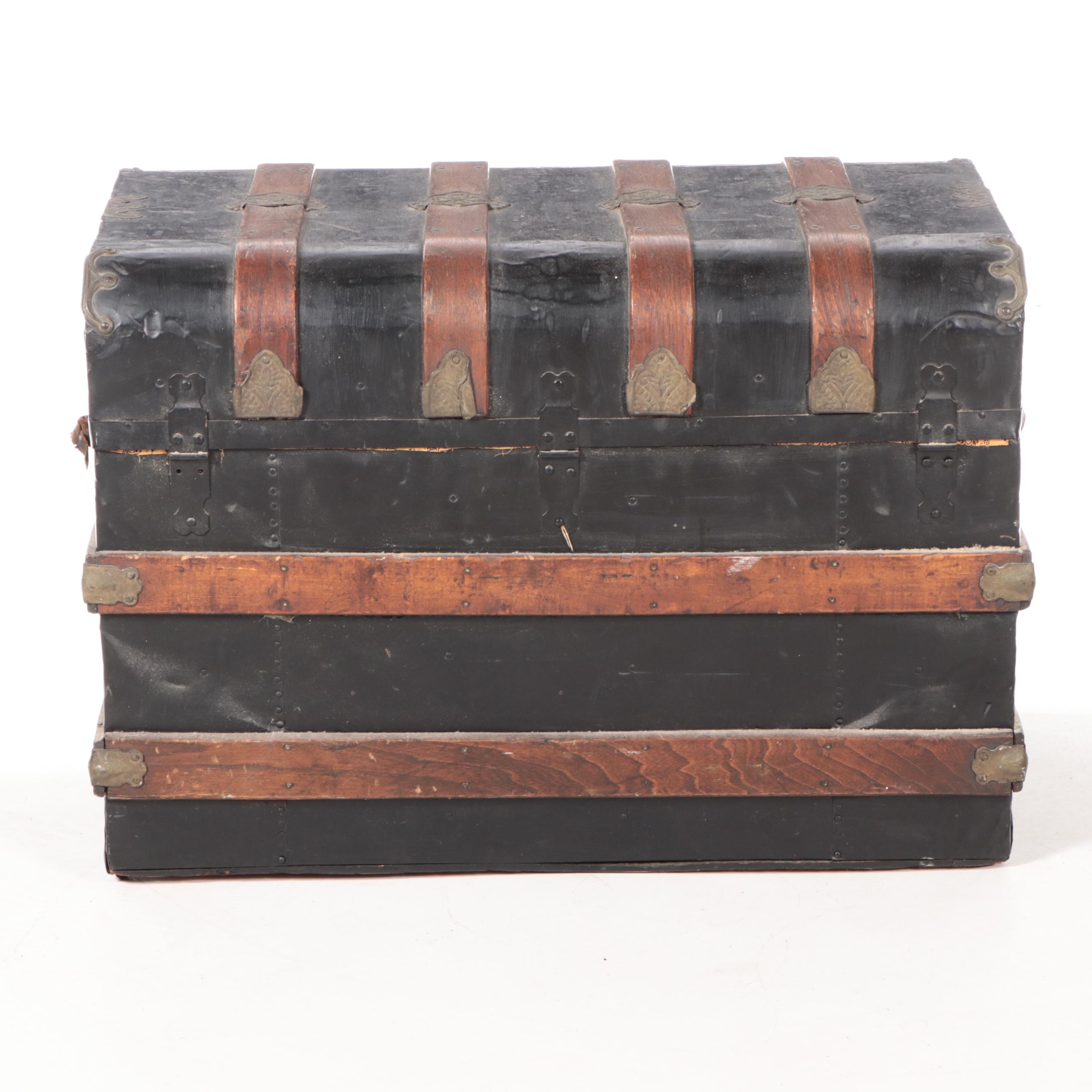 Late Victorian Metal-Clad and Slatted Wood Steamer Trunk