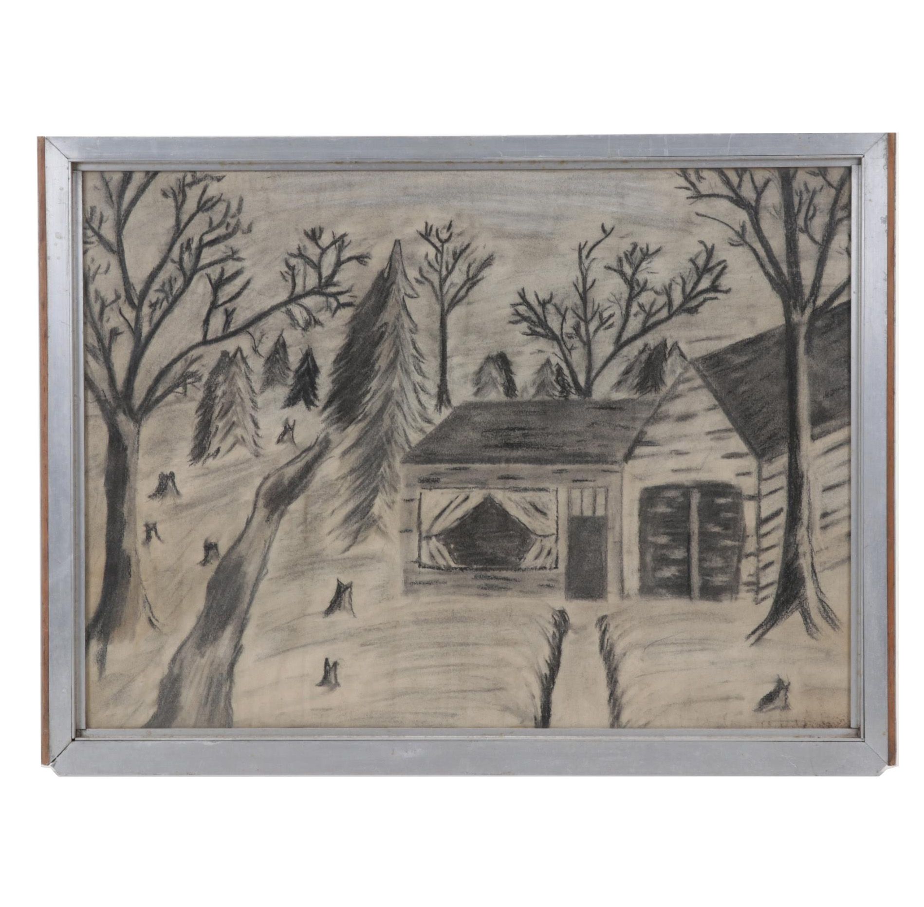Dwayne Connor Landscape Charcoal Drawing of Log Cabin, Circa 1965