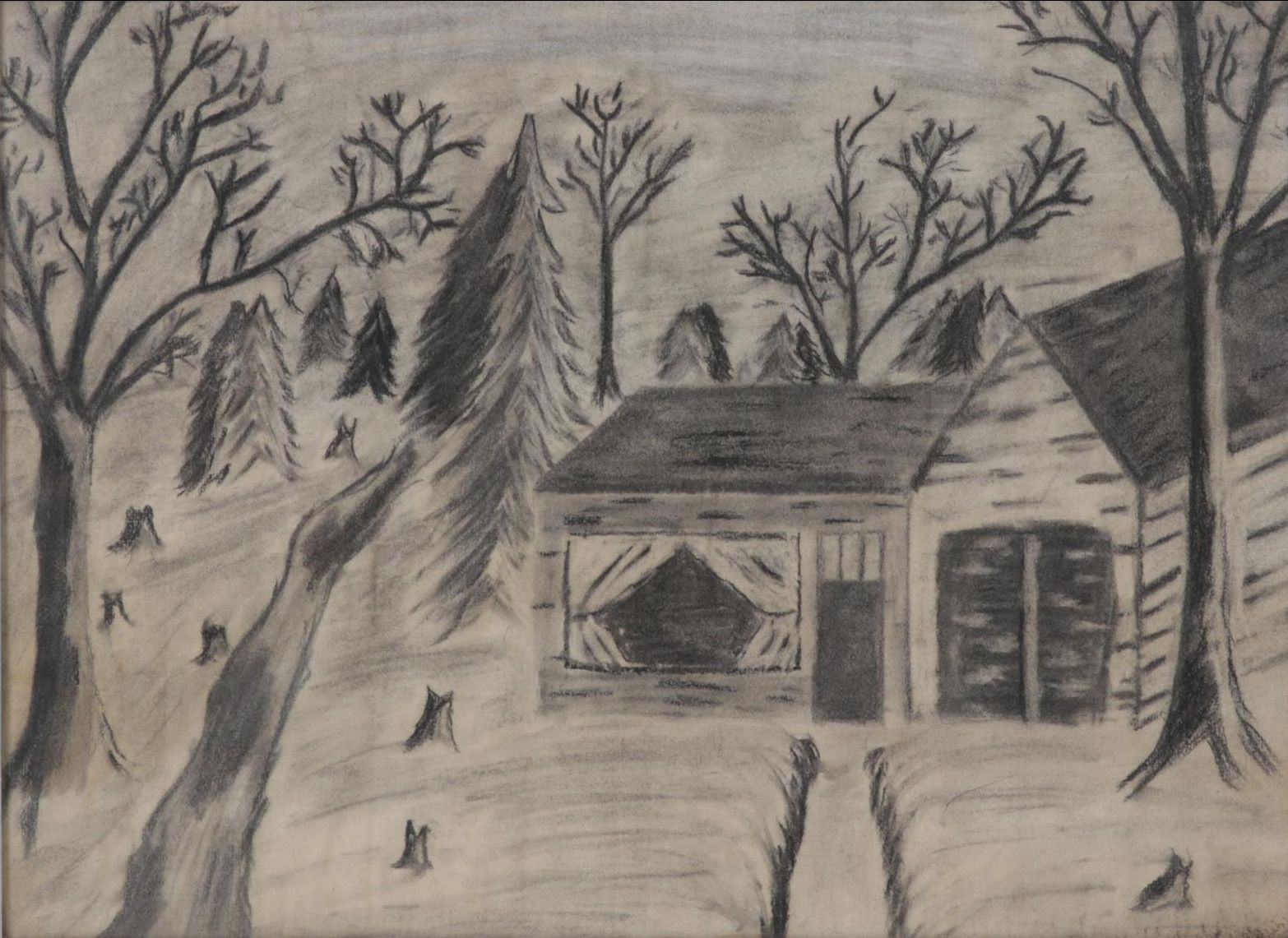 Dwayne Connor Landscape Charcoal Drawing of Log Cabin, Circa 1965