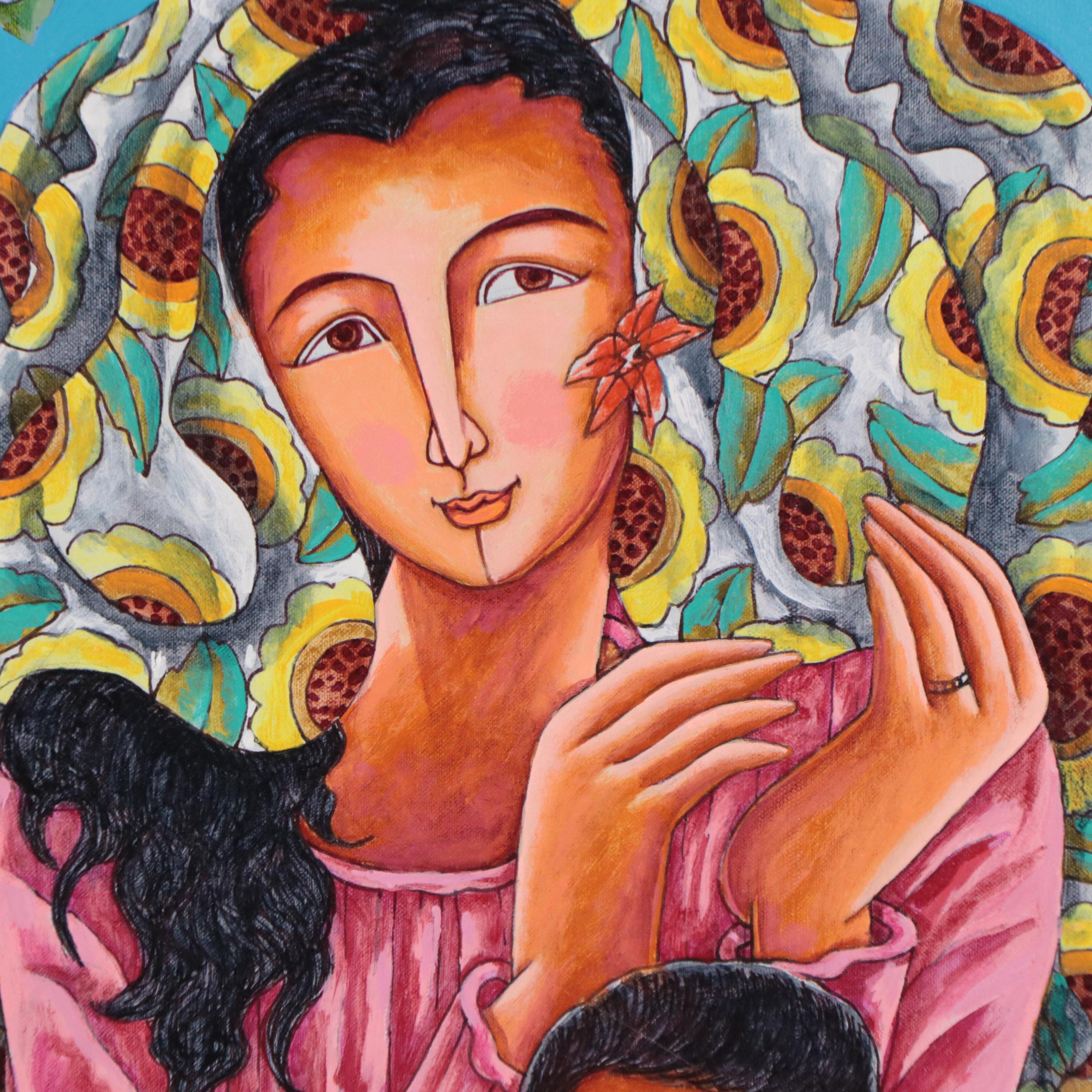Mario Parial Folk Art Acrylic Painting of Mother and Child, 1998