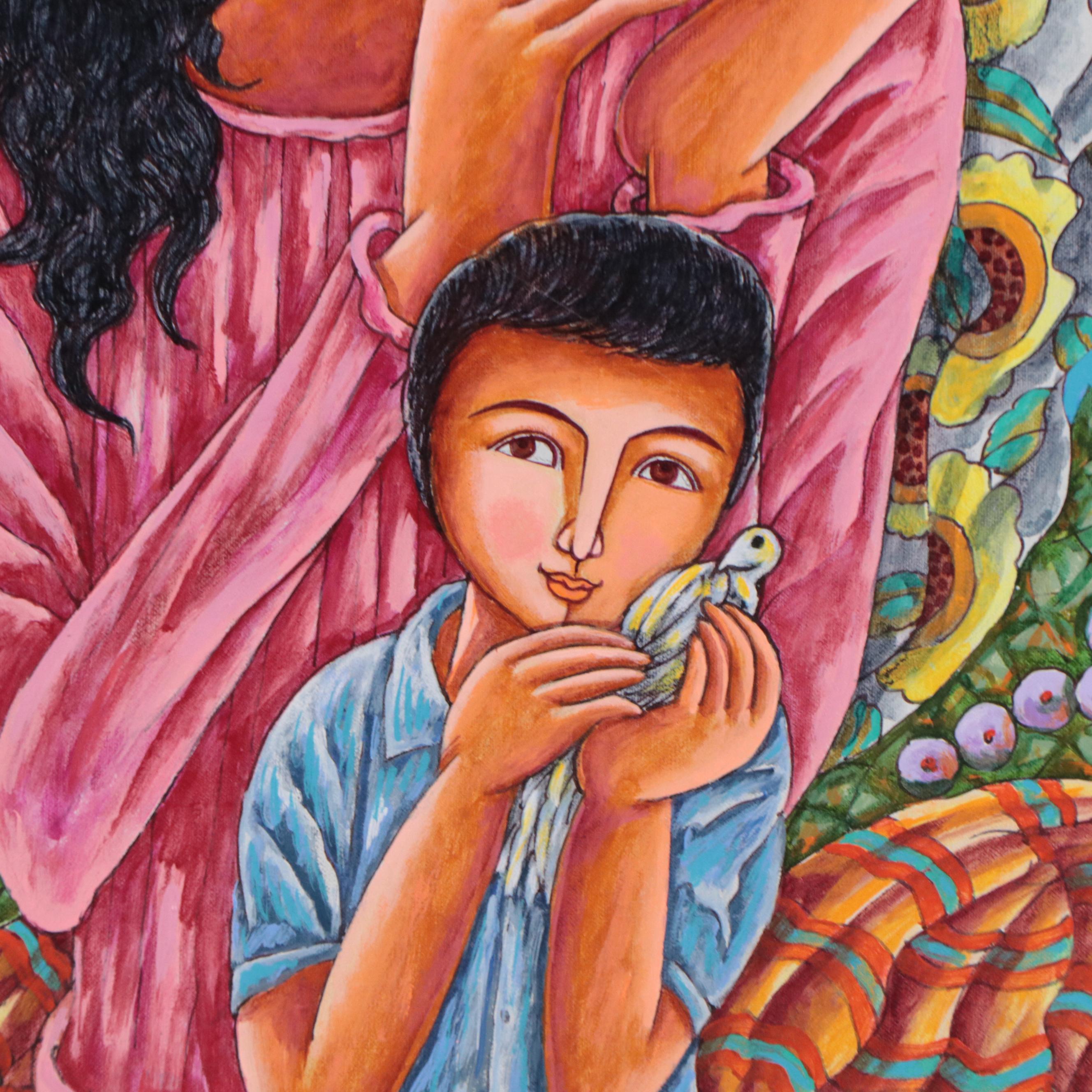 Mario Parial Folk Art Acrylic Painting of Mother and Child, 1998