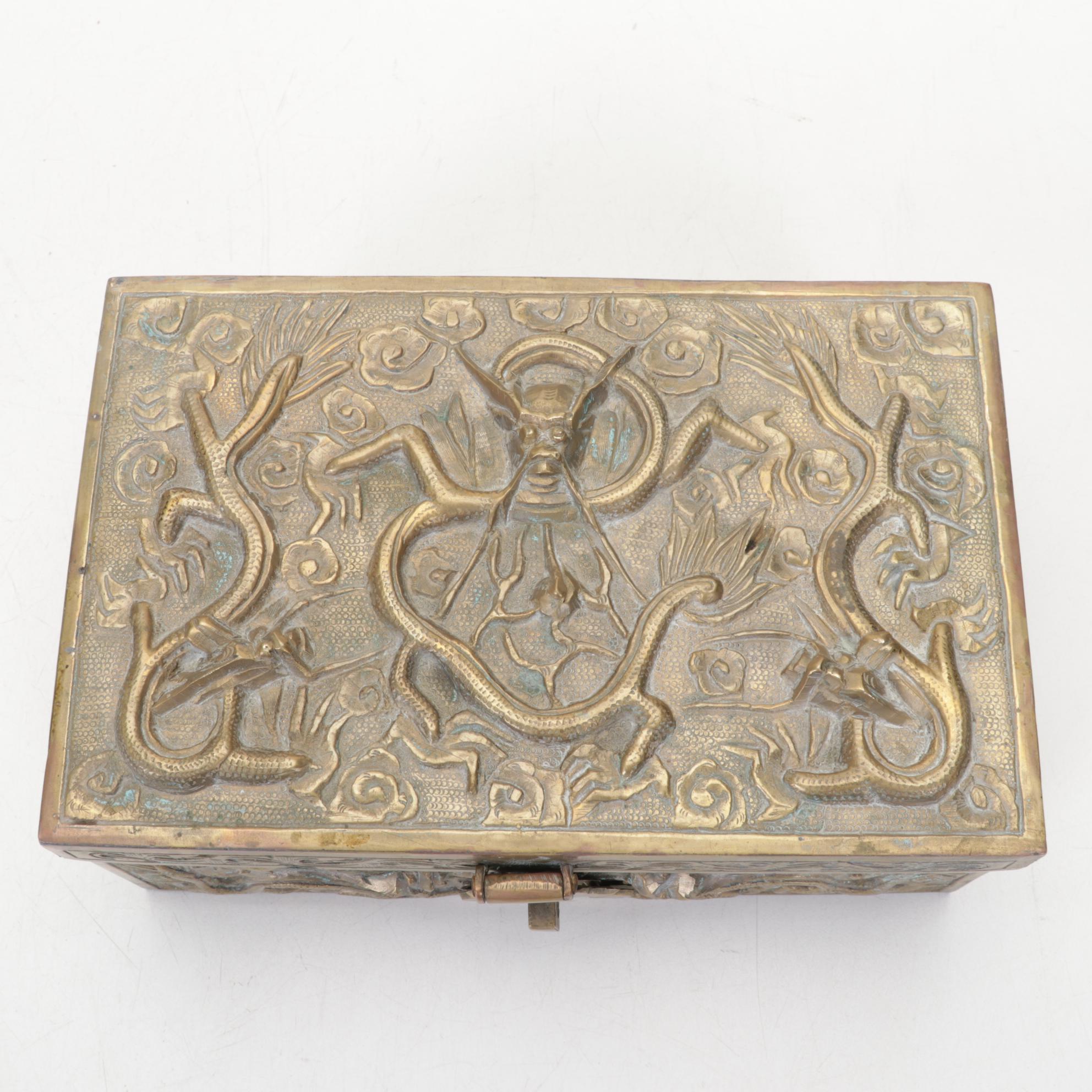 Chinese Brass and Wood Dragon Box