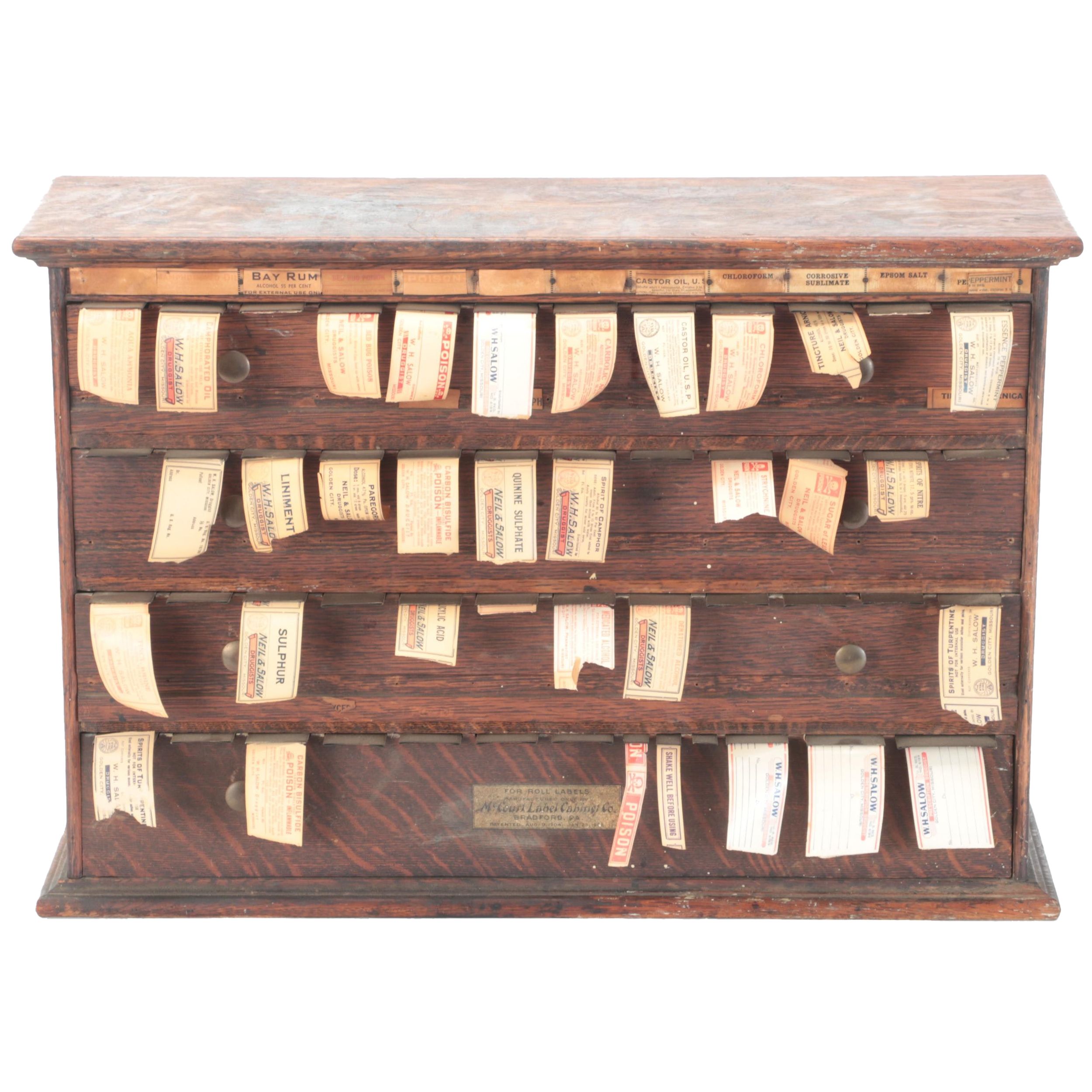 McCourt Oak Label Dispenser with Apothecary Labels, Early 20th Century