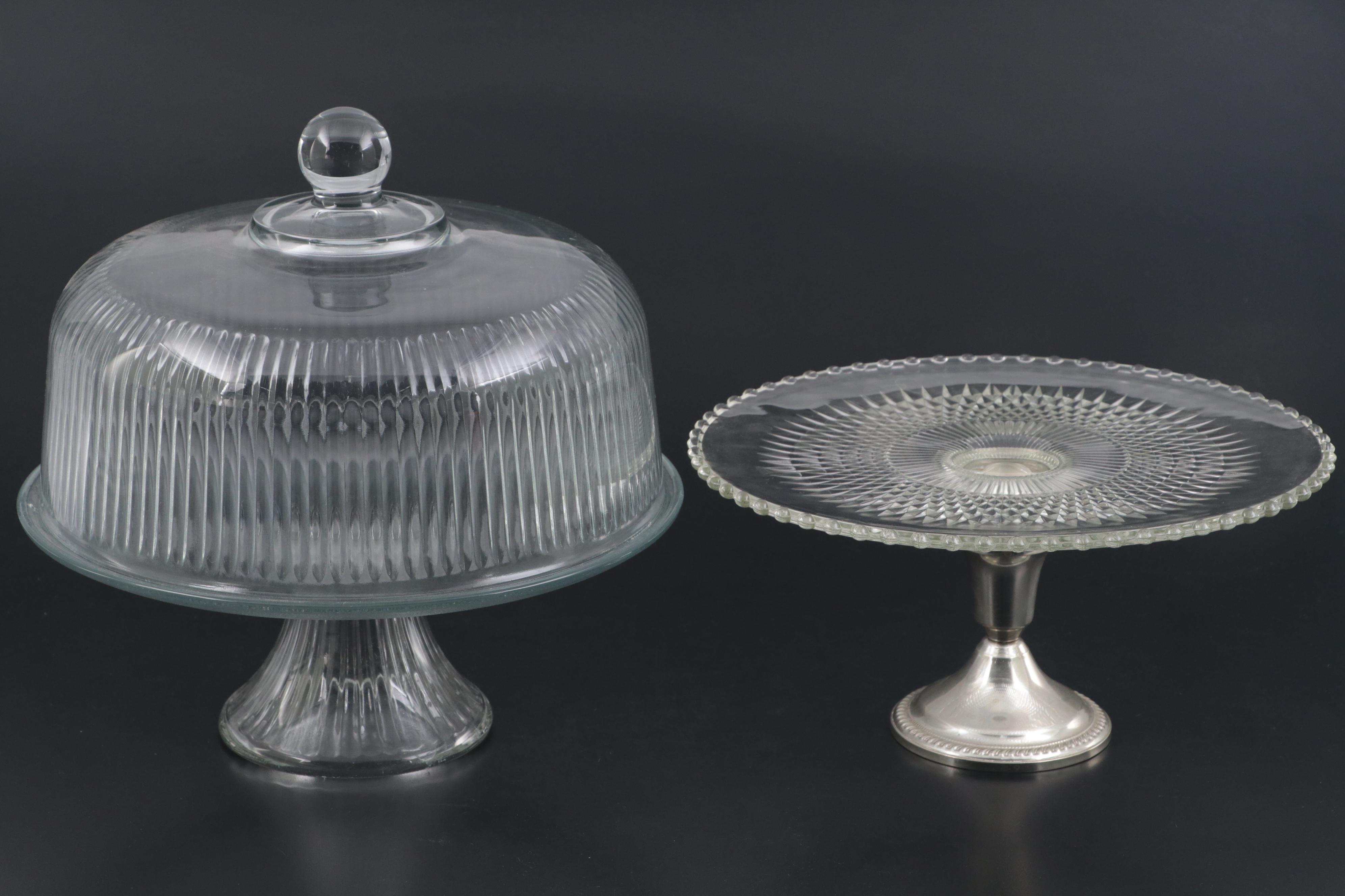 Pressed Glass and Sterling Silver Cake Plates, 20th Century
