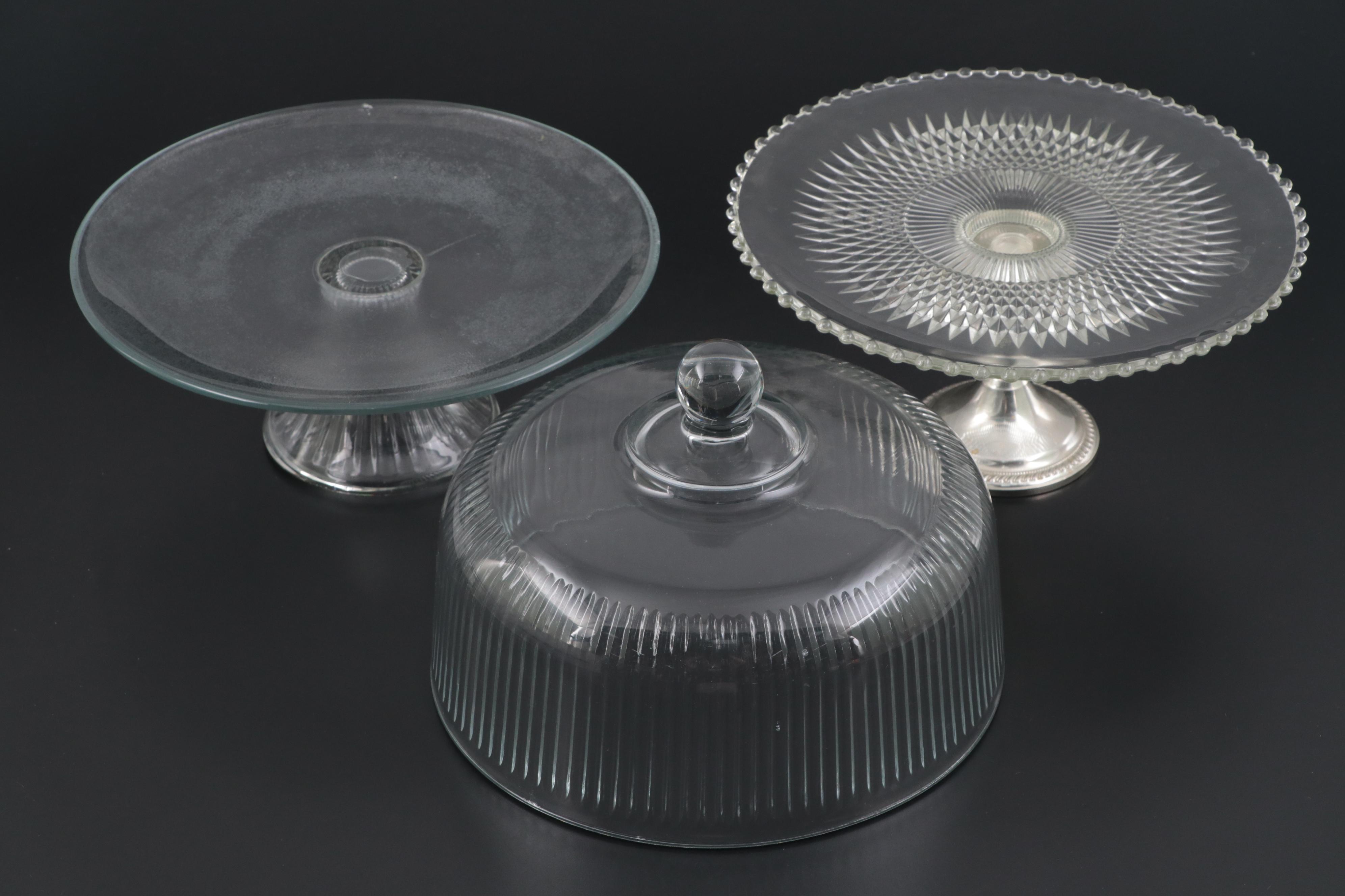 Pressed Glass and Sterling Silver Cake Plates, 20th Century