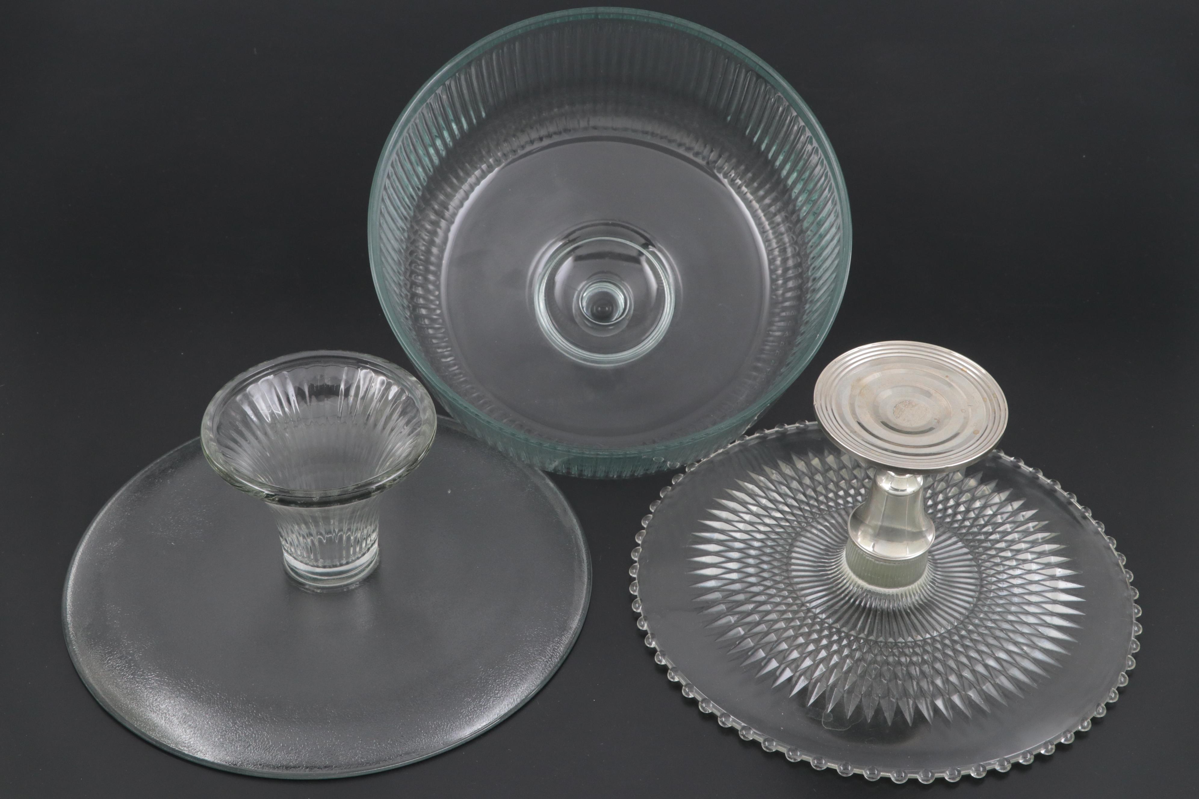Pressed Glass and Sterling Silver Cake Plates, 20th Century