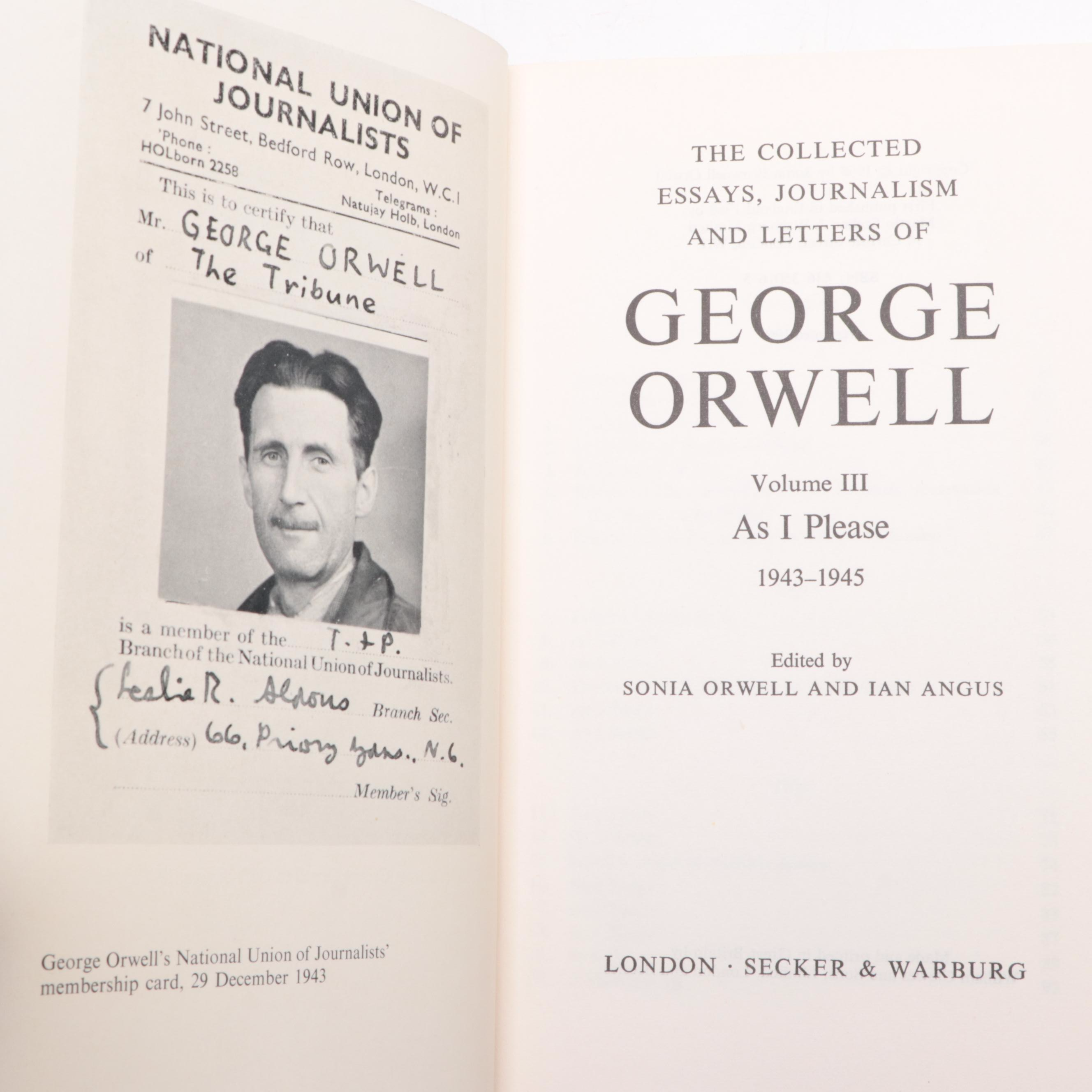 "George Orwell" Partial Volume Set Edited by Sonia Orwell, 1969
