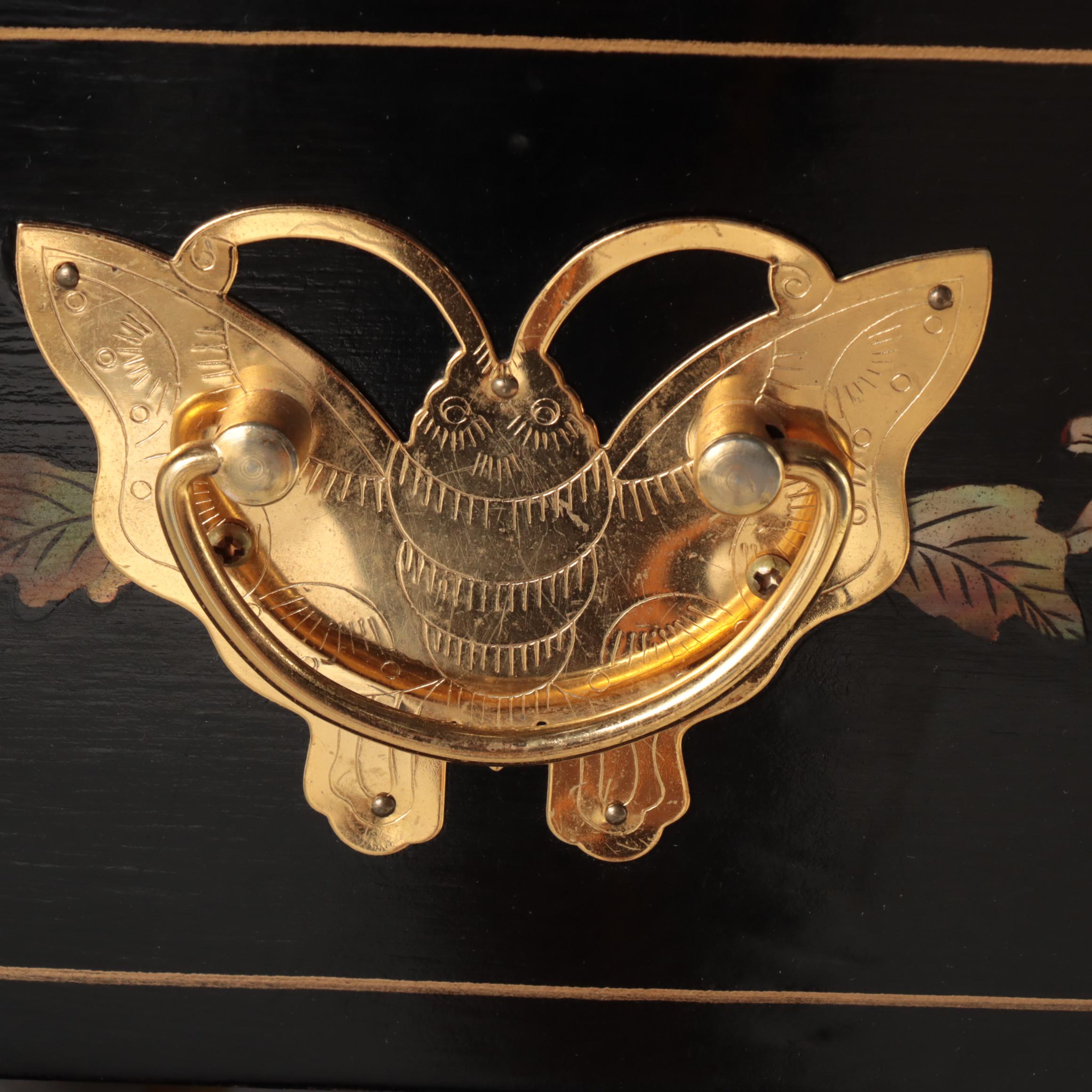 Chinese Black Lacquer Chest of Drawers with Butterfly Shape Pulls