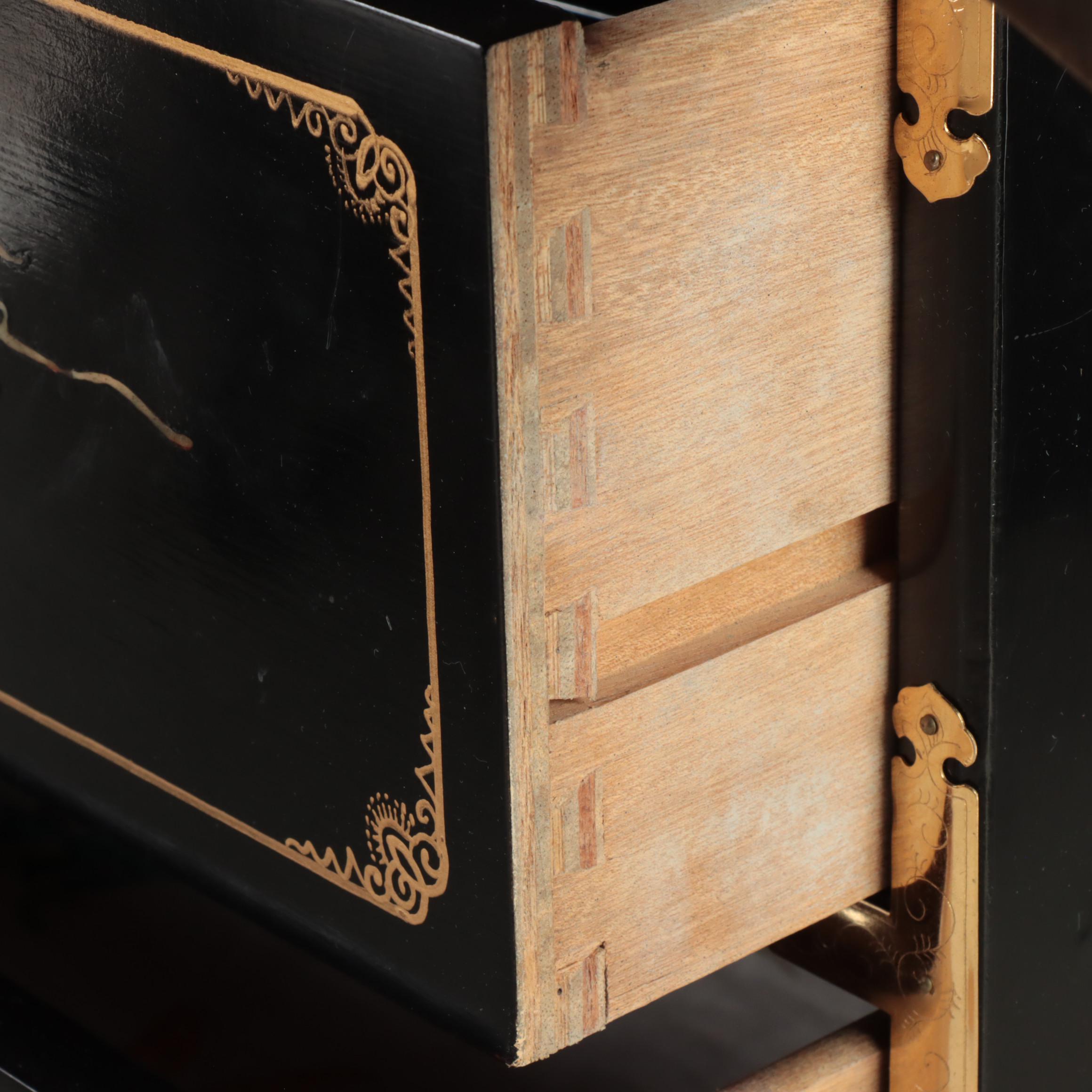 Chinese Black Lacquer Chest of Drawers with Butterfly Shape Pulls