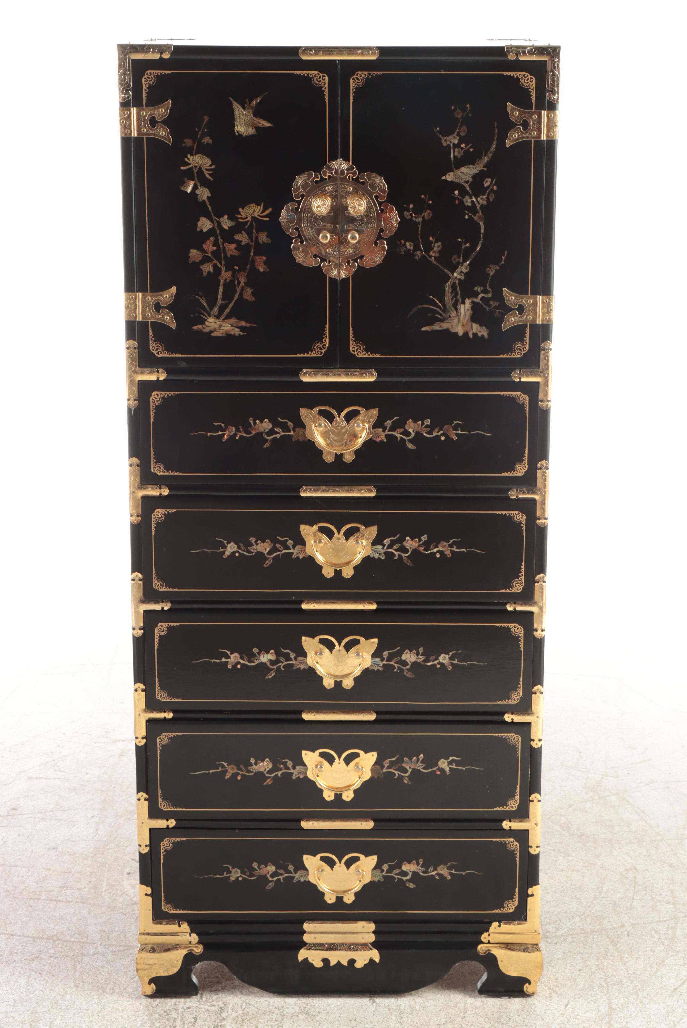 Chinese Black Lacquer Chest of Drawers with Butterfly Shape Pulls