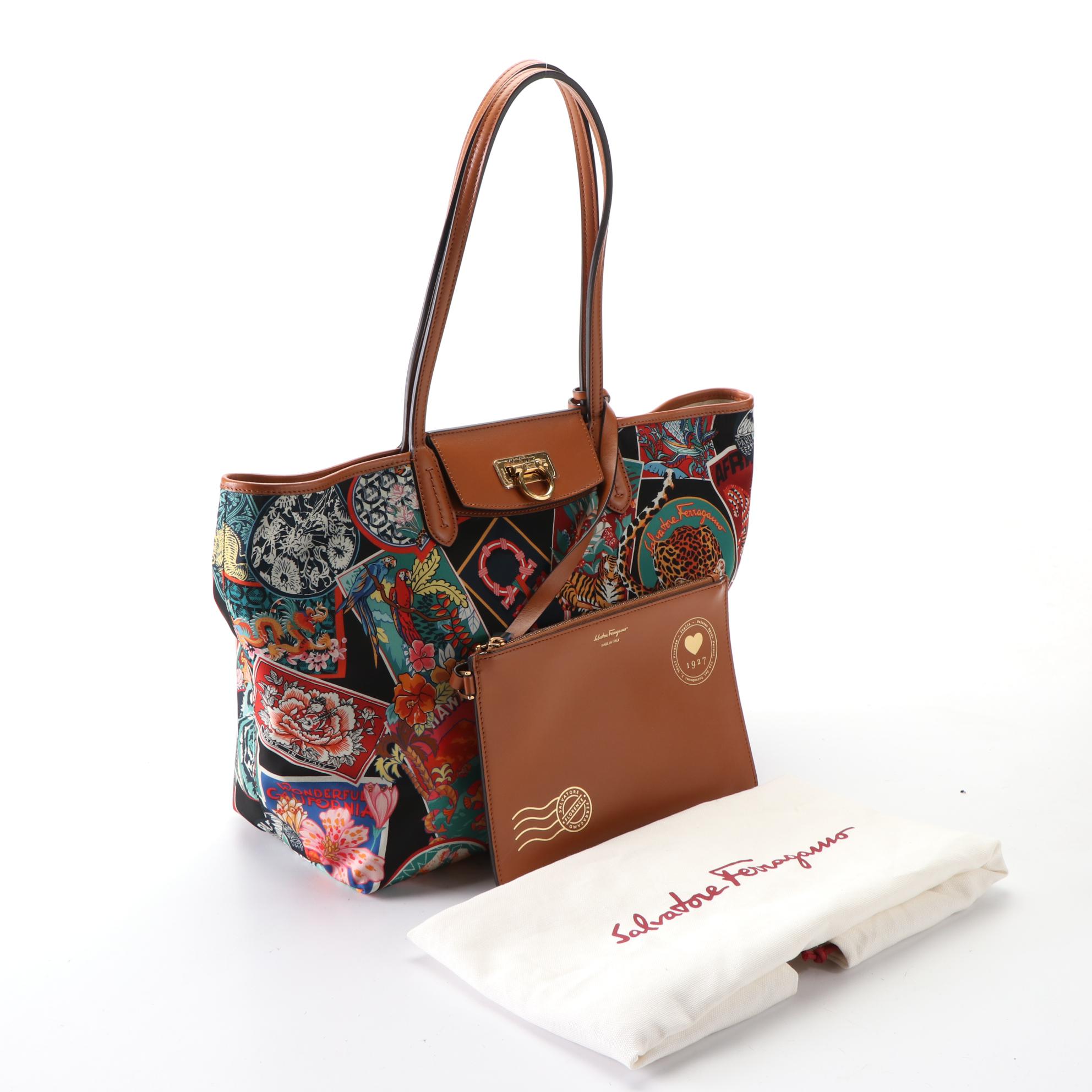 Salvatore Ferragamo Gancini Nylon Print and Leather Travel Tote with Zip Pouch