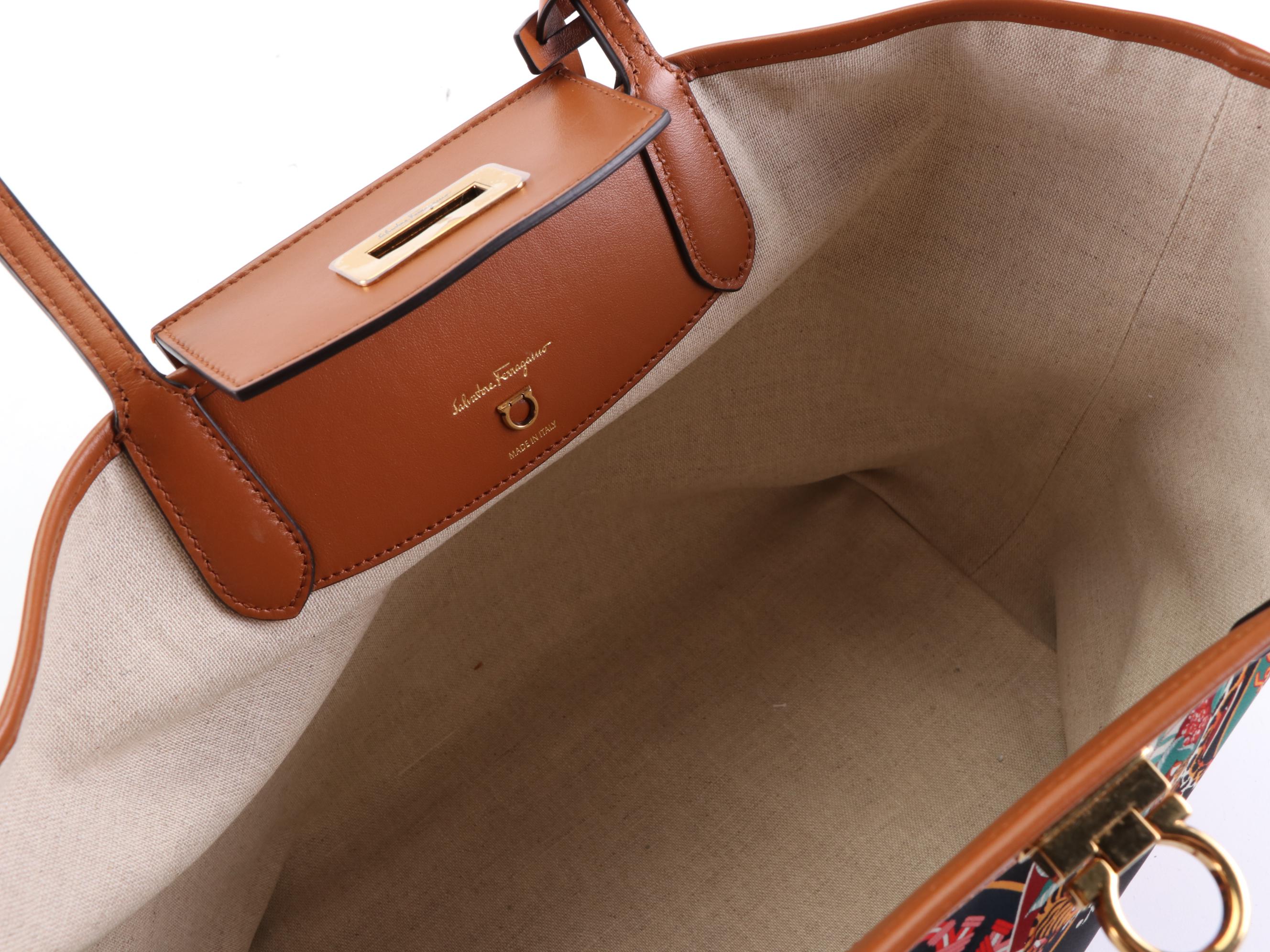 Salvatore Ferragamo Gancini Nylon Print and Leather Travel Tote with Zip Pouch