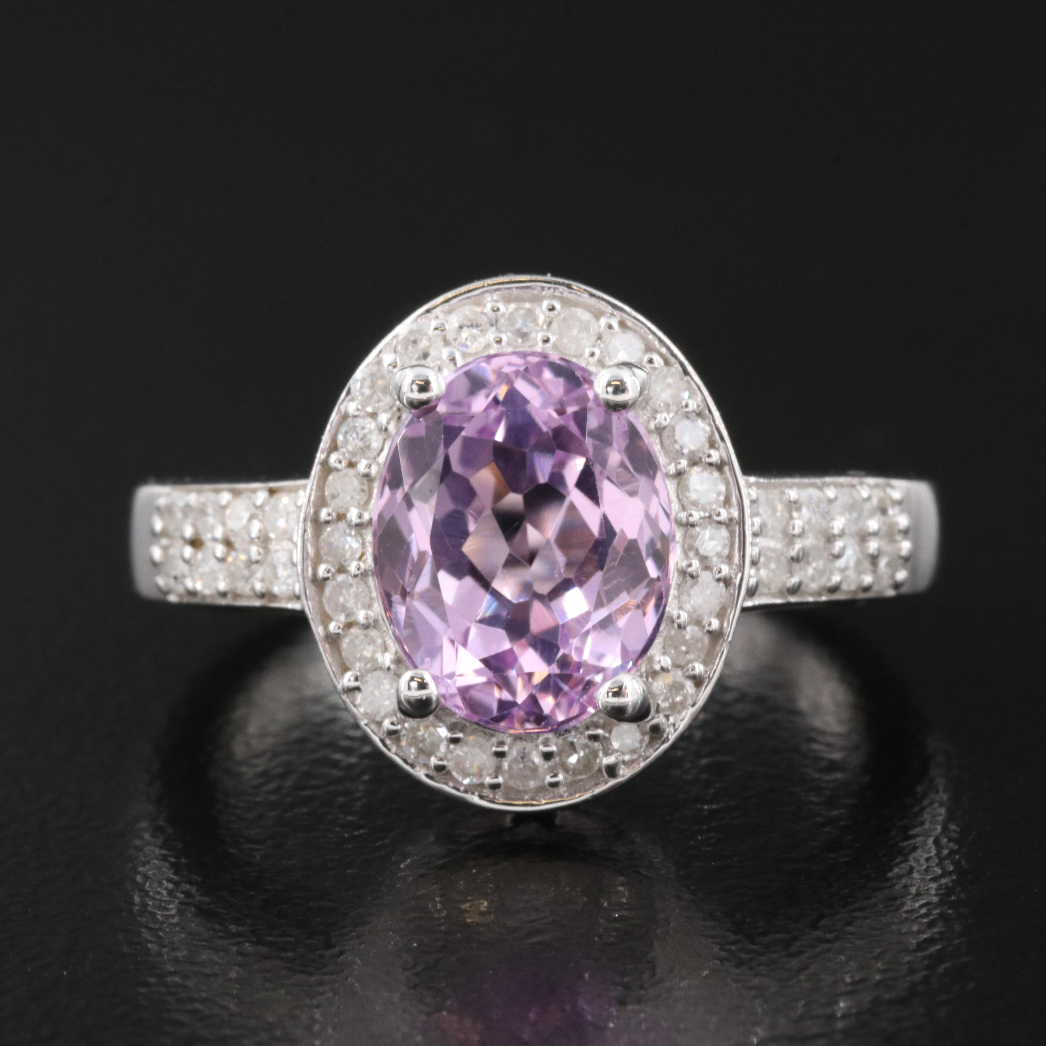 Sterling Kunzite and Diamond Ring