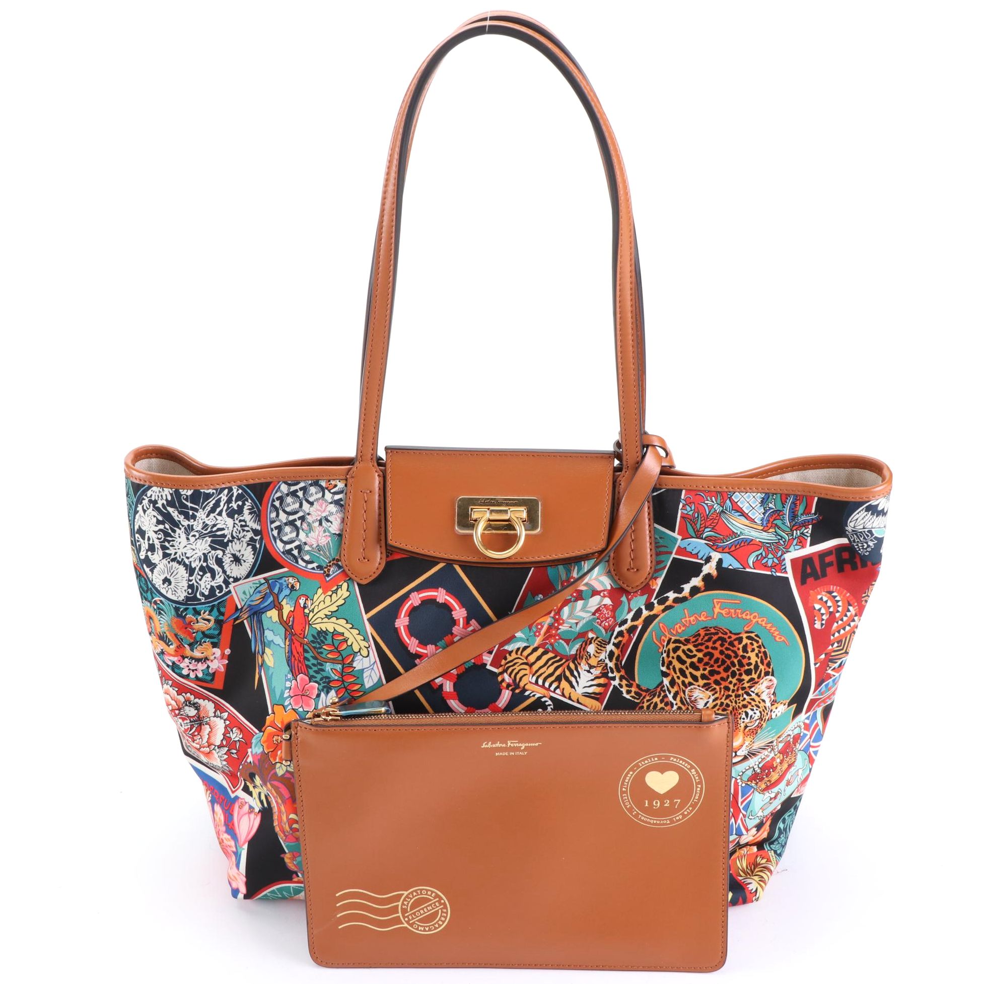 Salvatore Ferragamo Gancini Nylon Print and Leather Travel Tote with Zip Pouch