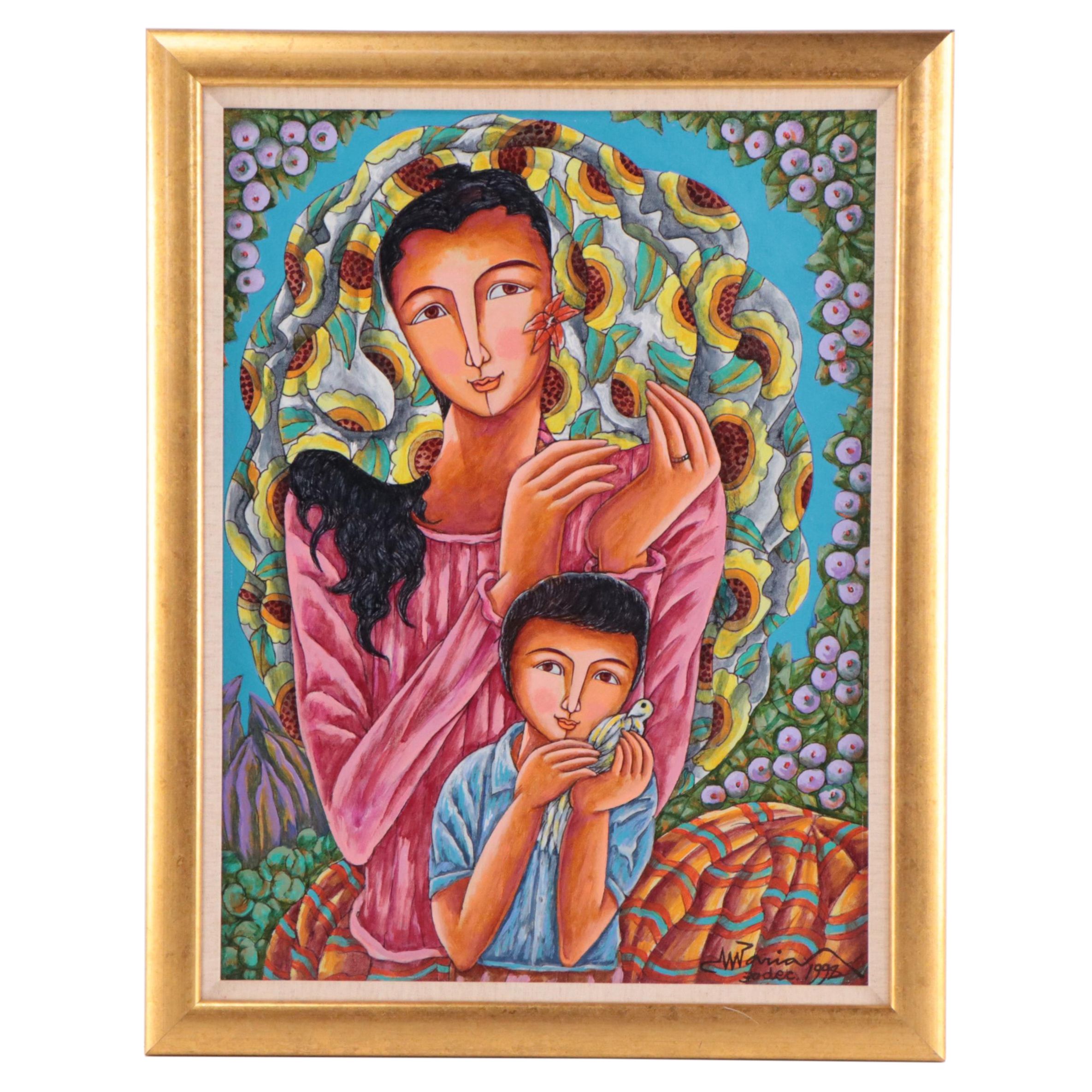 Mario Parial Folk Art Acrylic Painting of Mother and Child, 1998