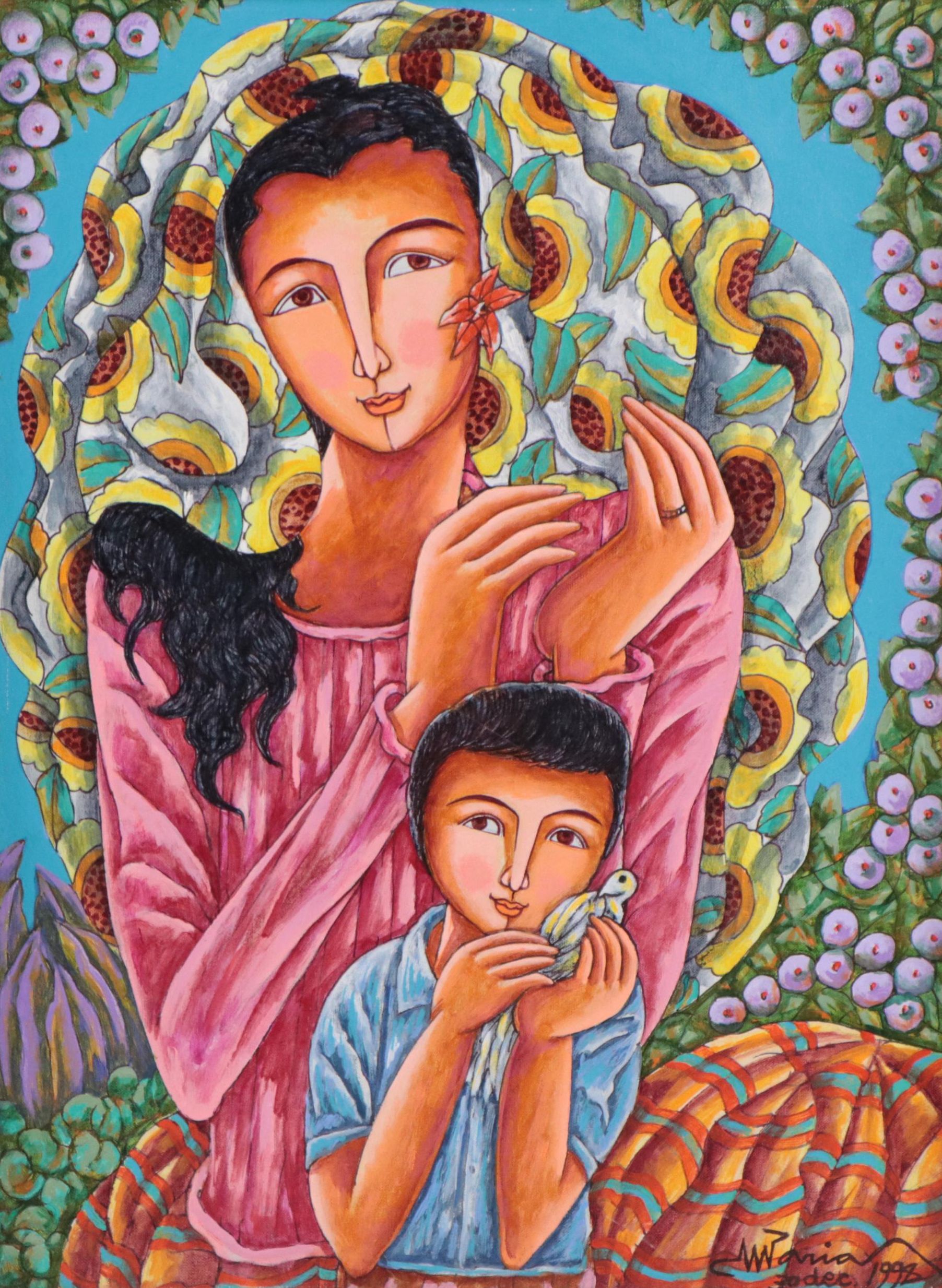 Mario Parial Folk Art Acrylic Painting of Mother and Child, 1998
