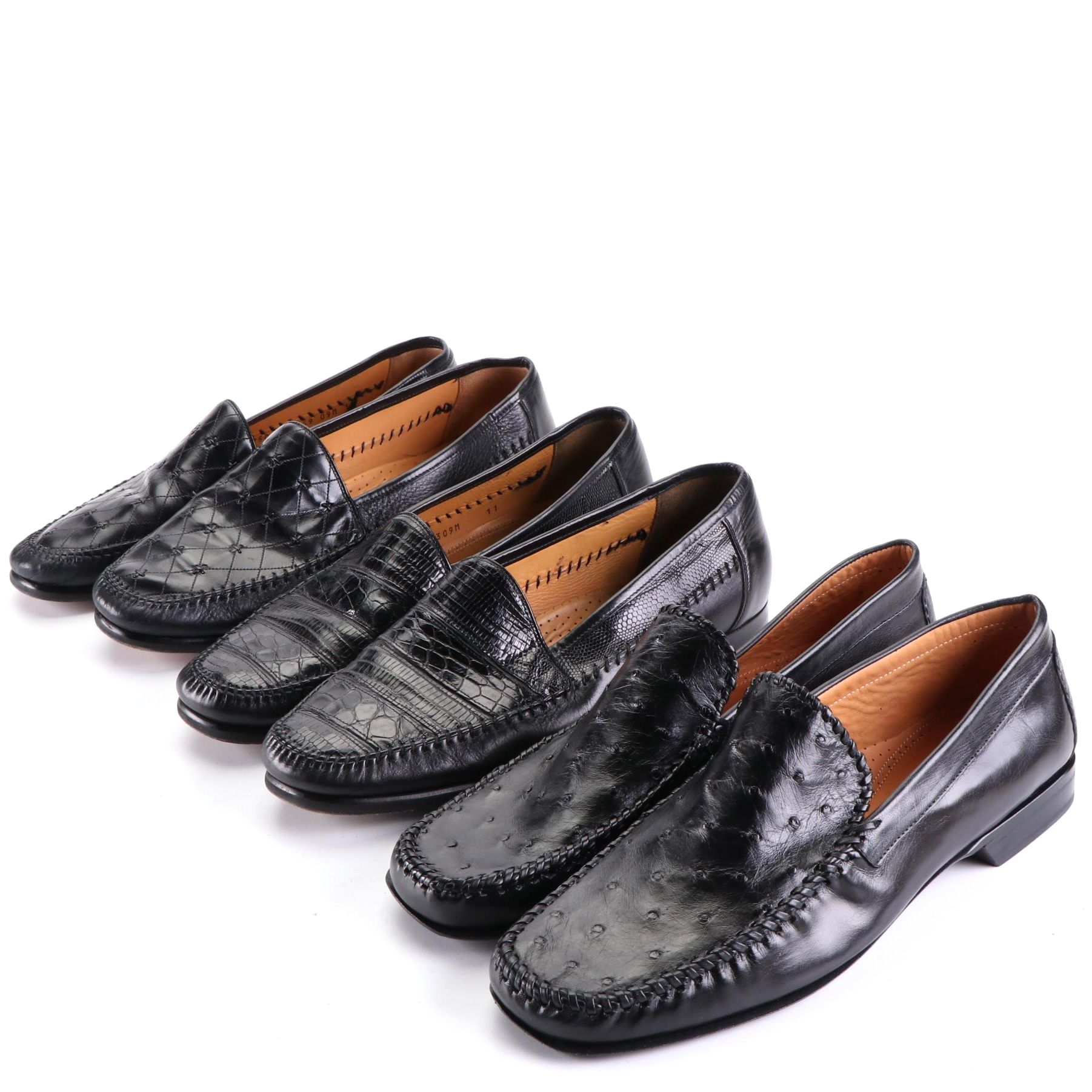 Men's Mezlan Elda Loafers in Lizard Skin with Leather and Ostrich Skin Loafers