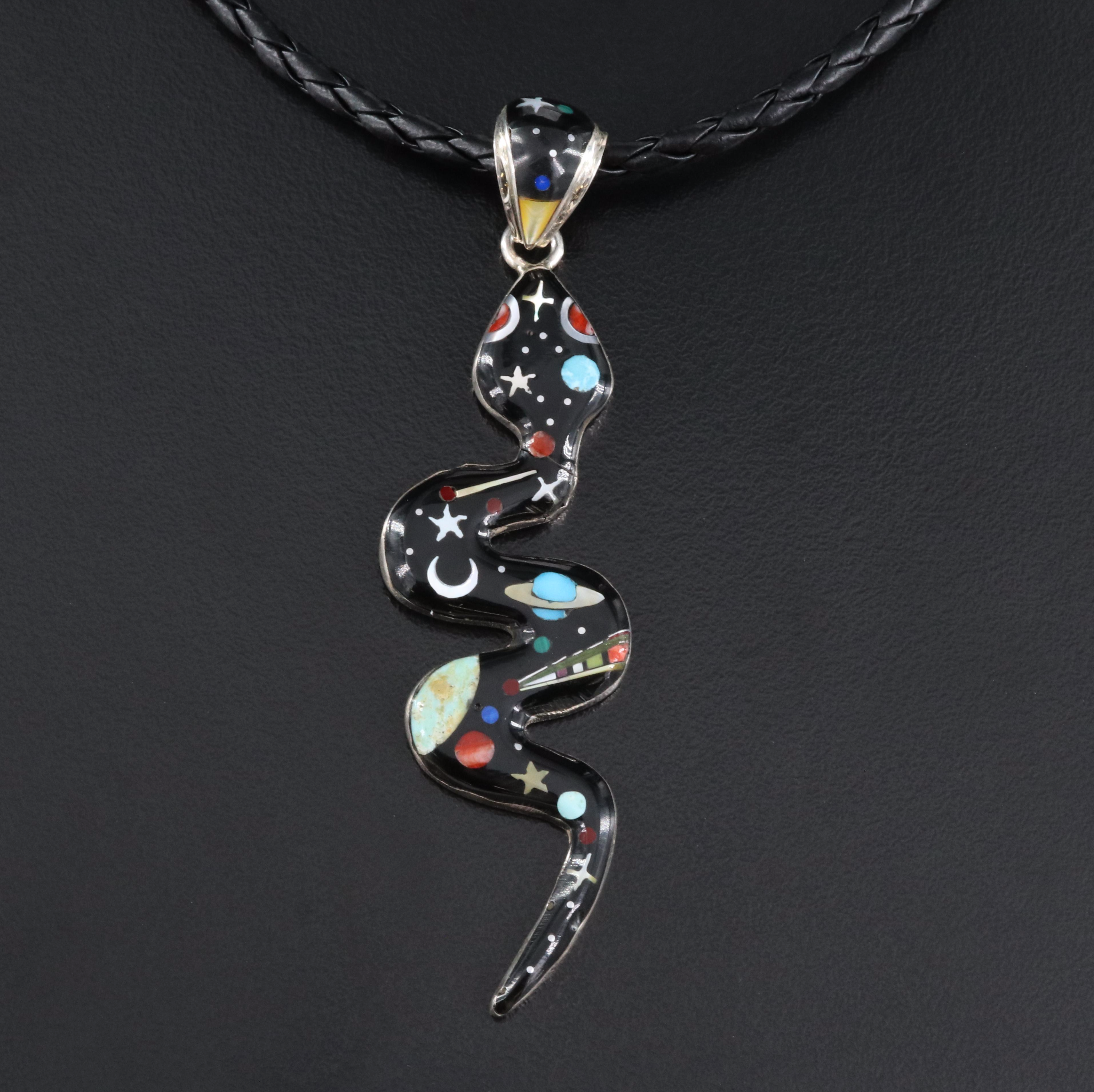Sterling Snake Necklace Including Mother-of-Pearl, Turquoise and Spiny Oyster